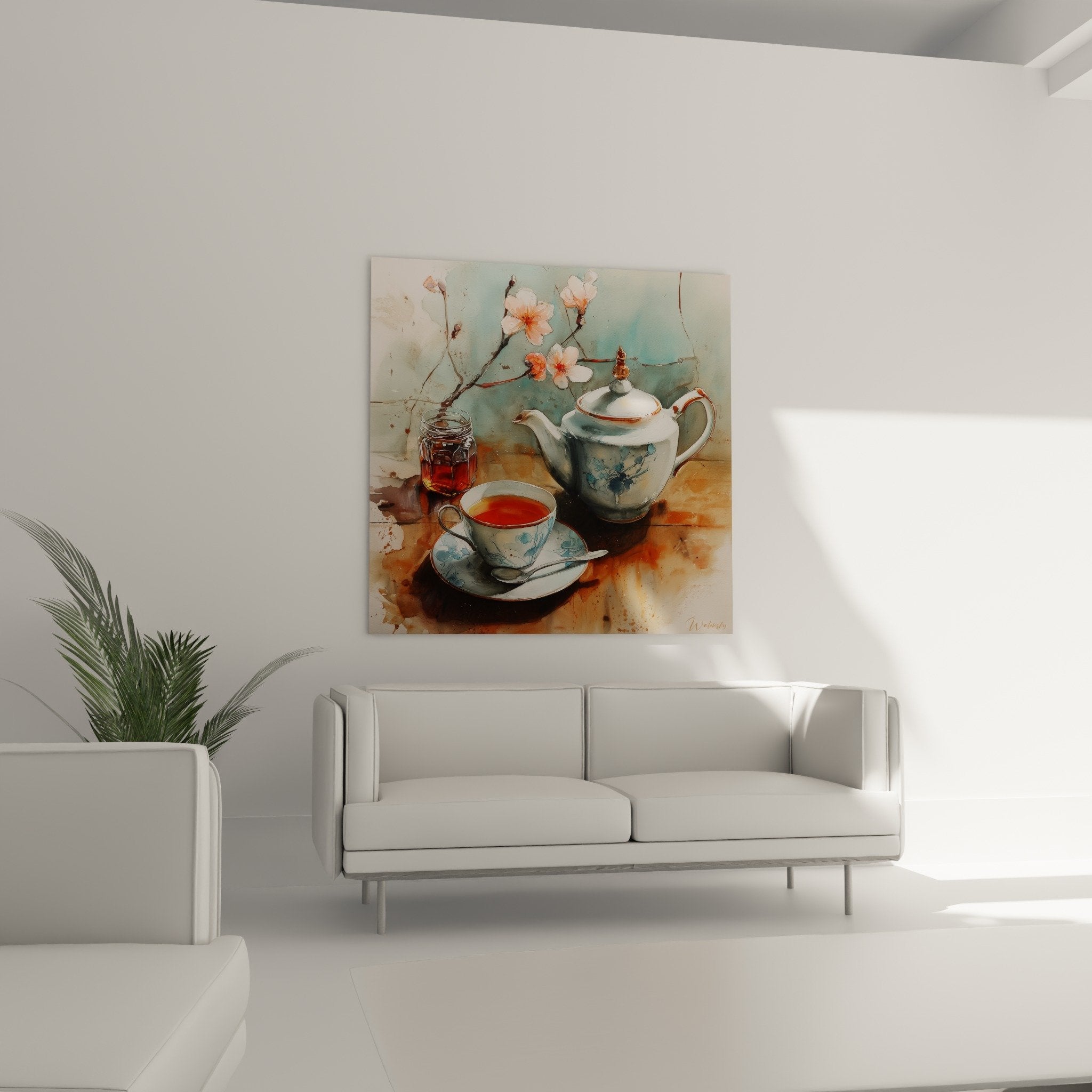 Détail aquarelle théière japonaise motifs floraux bleus porcelaine blanche tasse thé