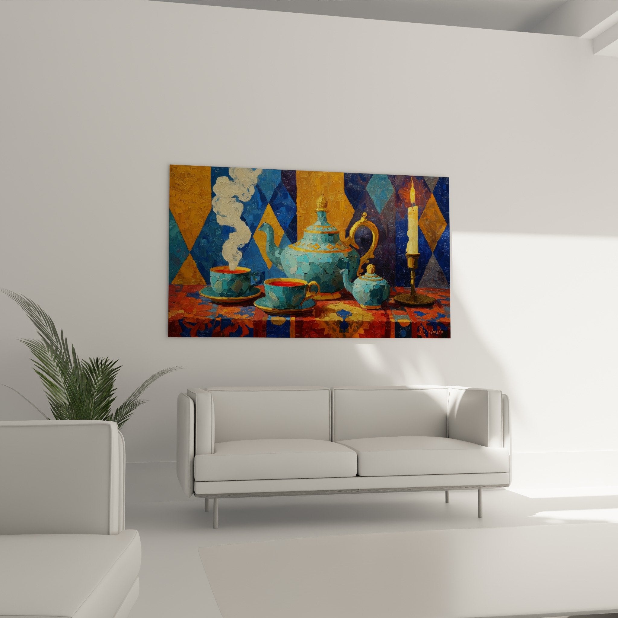 Detail einer türkisfarbenen Teekanne mit goldenen Reflexen und weißem Dampf, der aus den Tassen entweicht, expressives Gemälde mit charaktervollem Farbauftrag