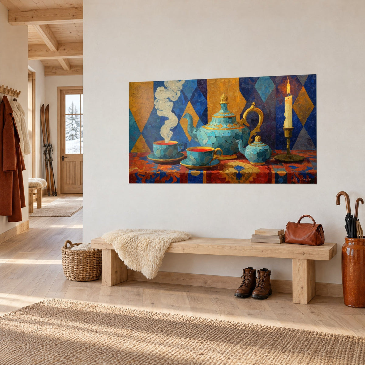 Wall art thick-textured cobalt blue and ochre tea set with geometric diamonds, on a light chalet wall