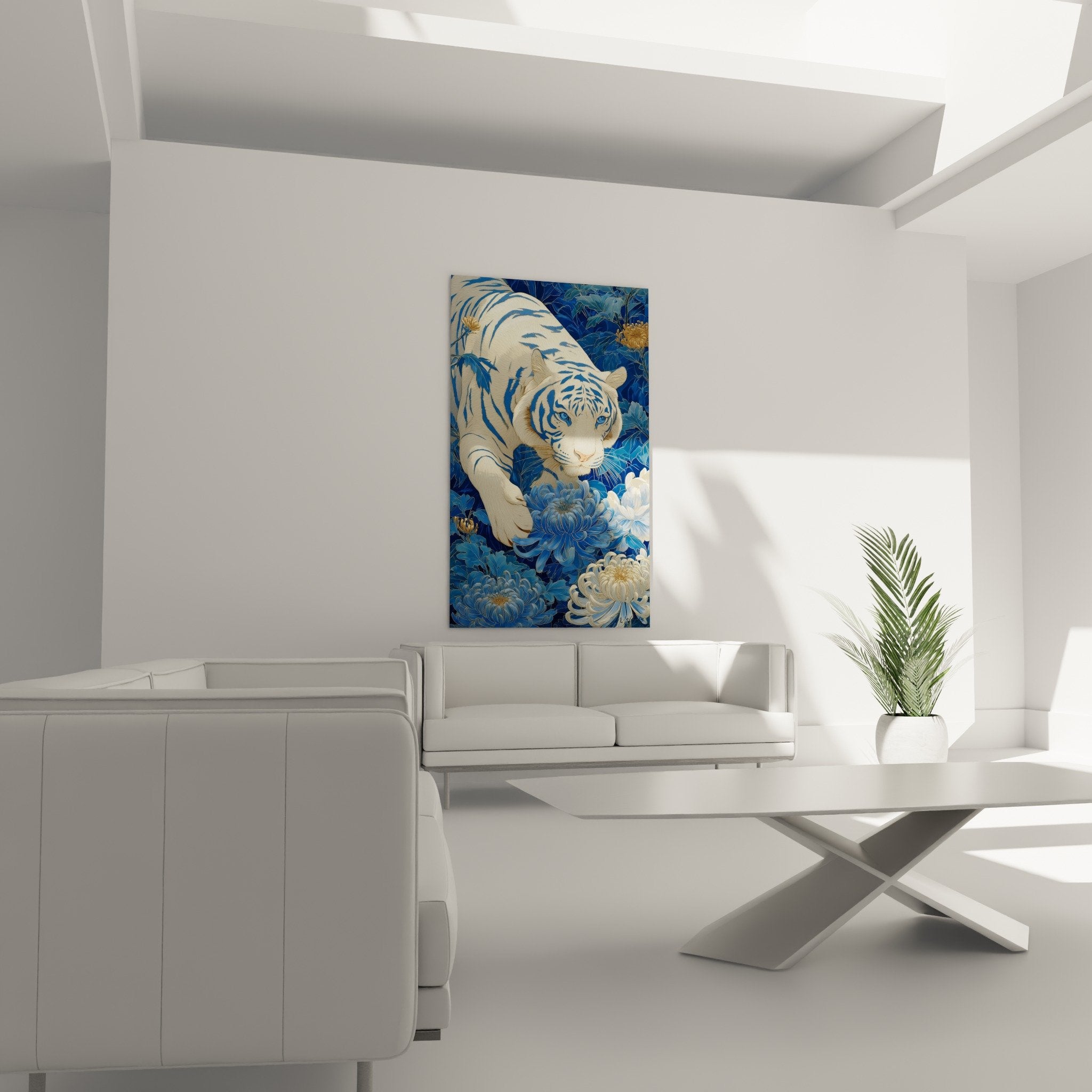Detailaufnahme weißer Tiger mit blauen Augen und blauen Chrysanthemen künstlerisches Gemälde hochauflösend