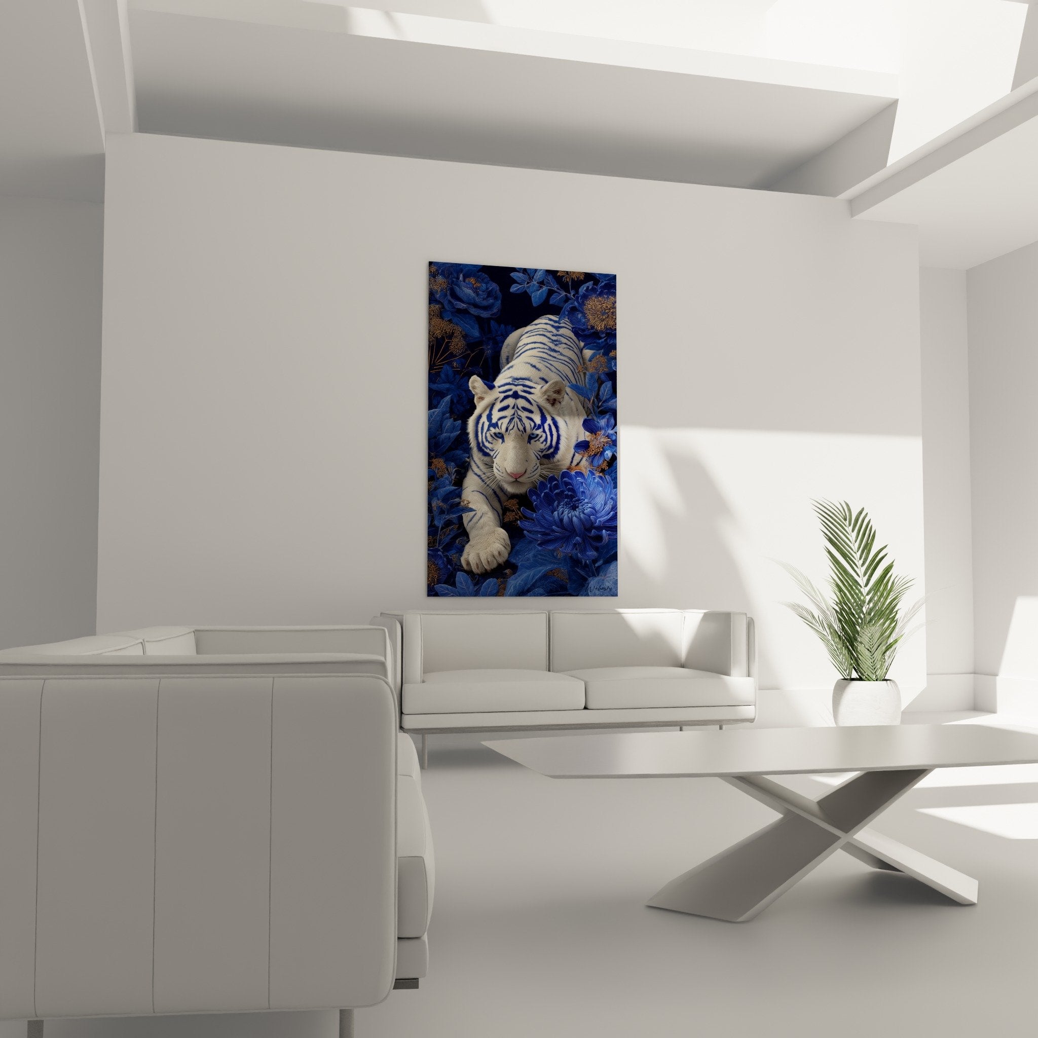 Détail tigre blanc aux rayures bleues et yeux bleus perçants entouré de pivoines colorées