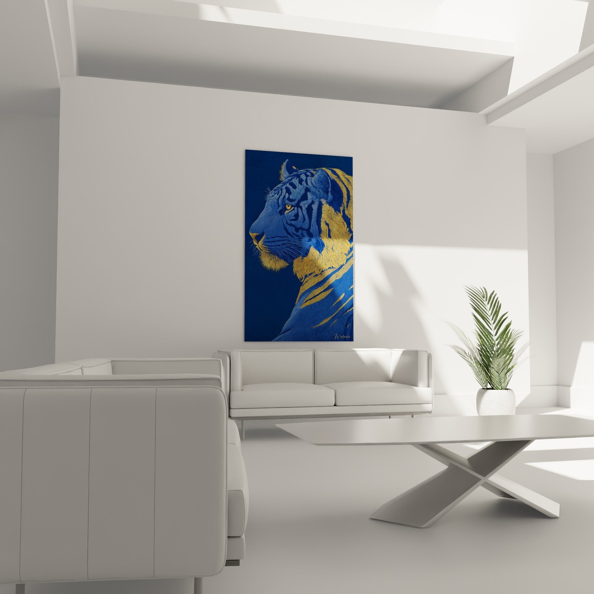 Détail portrait tigre bleu traits fins dorés œil ambré technique gravure artistique