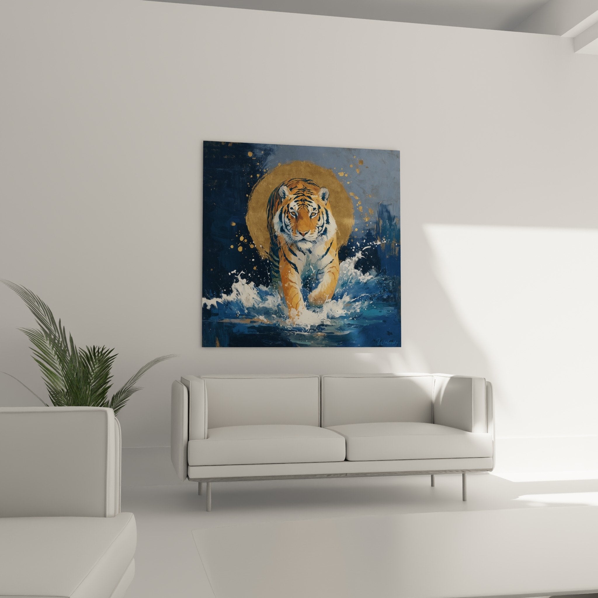 Detail vergoldeter Tiger intensive Augen orangefarbenes Fell schwarze Streifen mystischer Heiligenschein