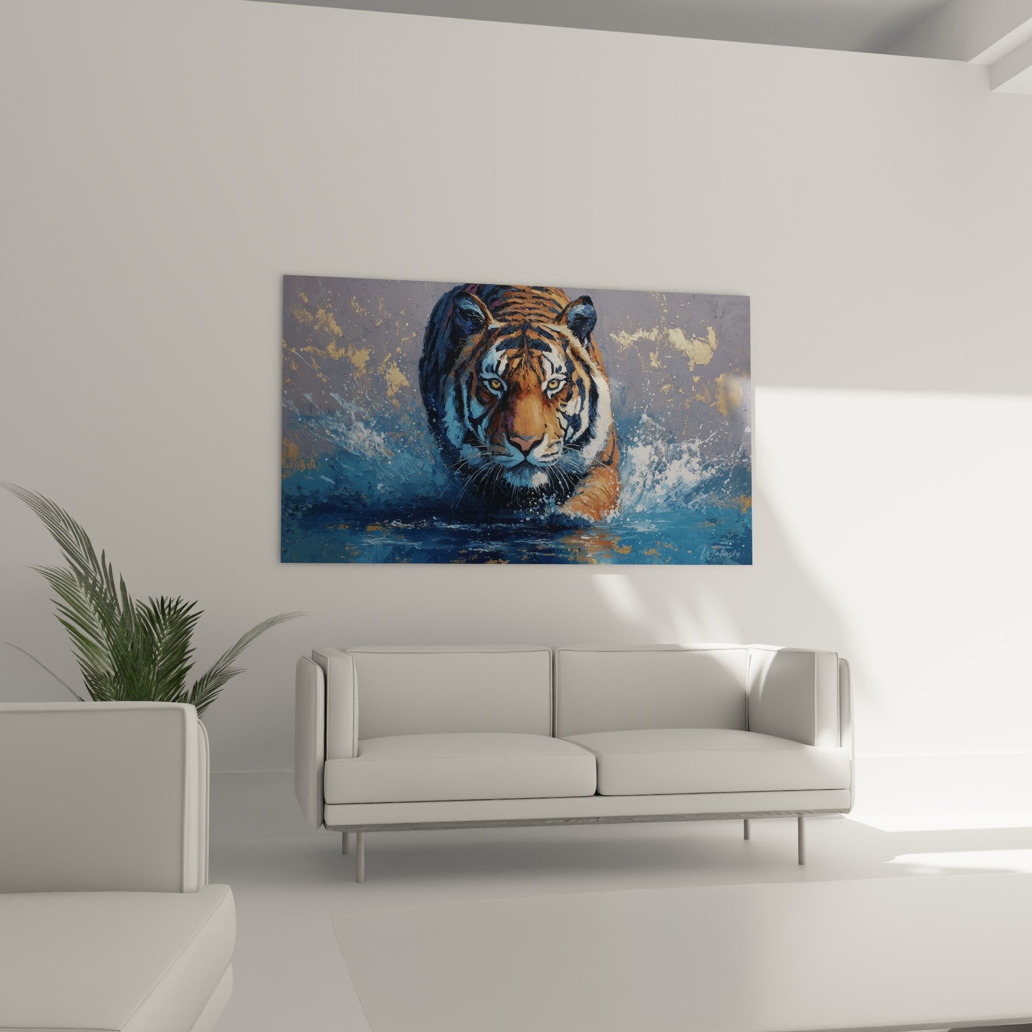 Détail tableau tigre dans l'eau montrant technique peinture éclaboussée et reflets dorés