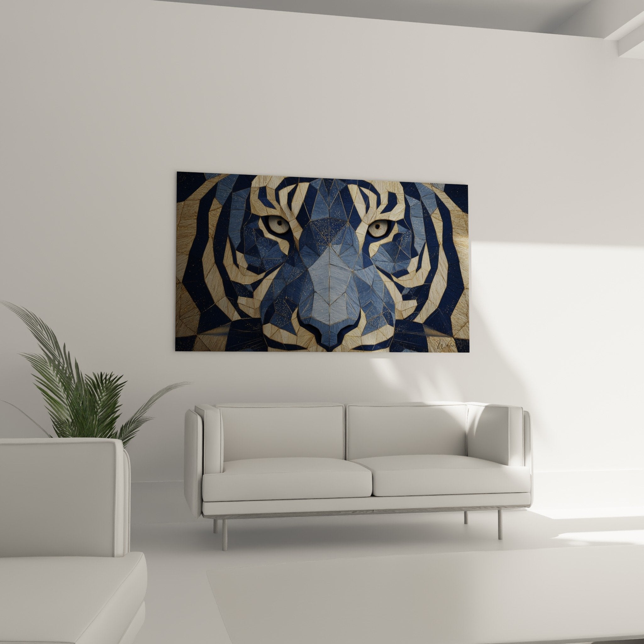 Detail proche tableau tigre facettes geometriques bleues dorees texture polygonale art moderne