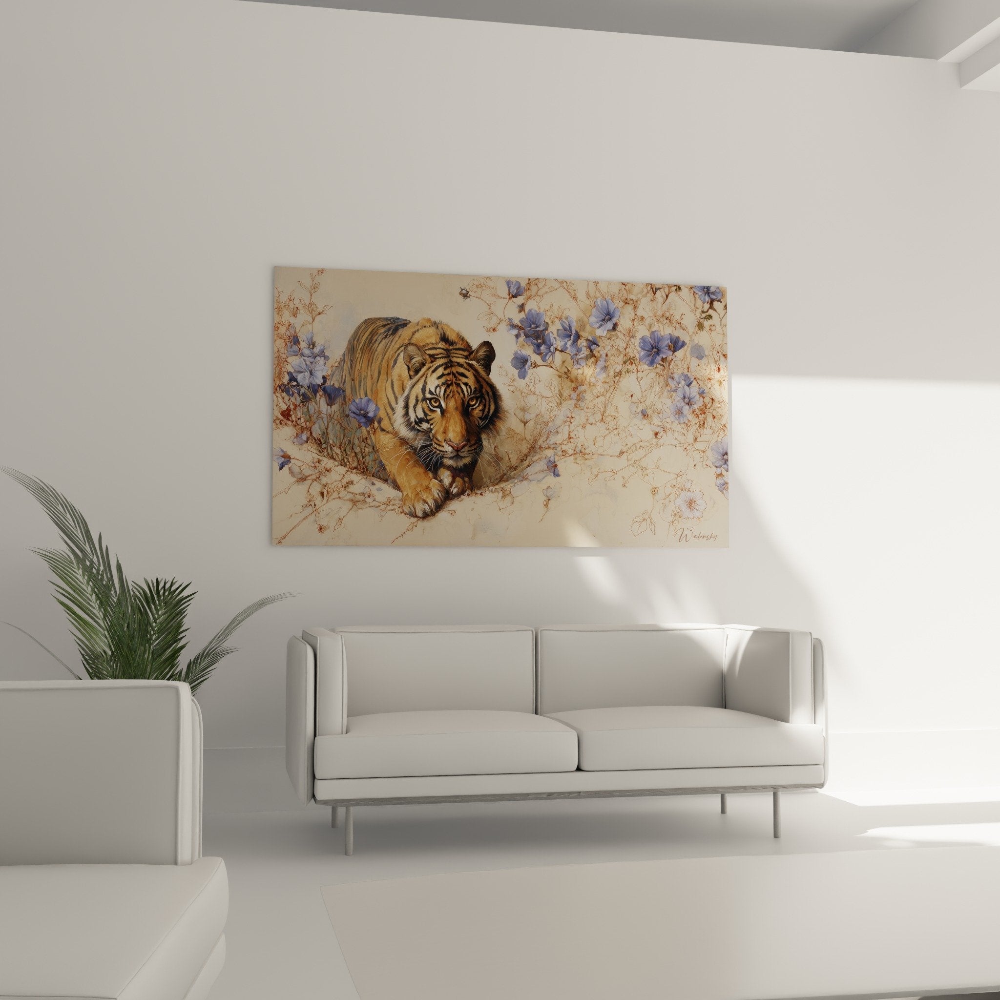 detail tigre fleurs bleues peinture aquarelle rayures ocre regard intense art animalier