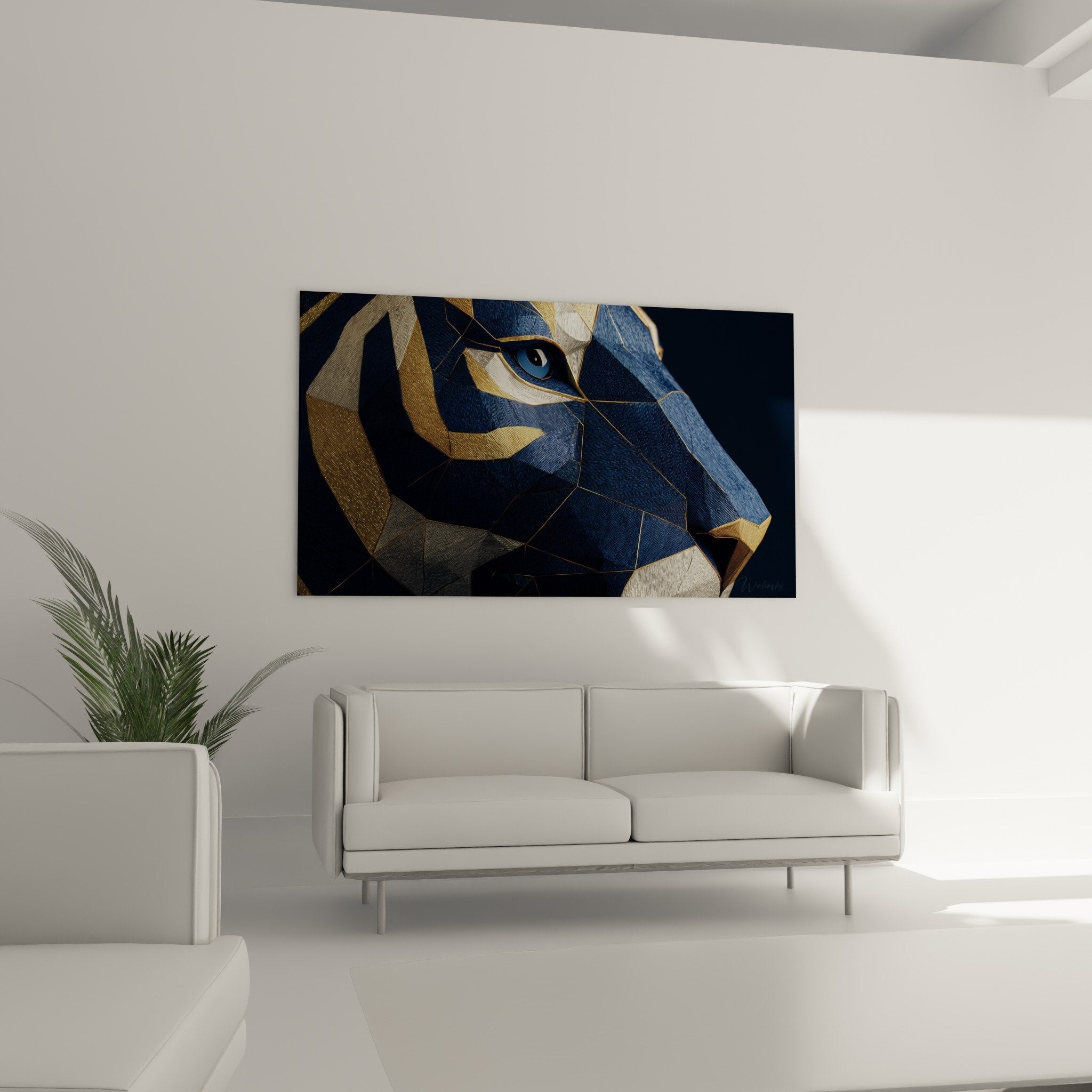Geometrischer Tiger mit blauen und goldenen Facetten, modernes polygonales Kunstwerk