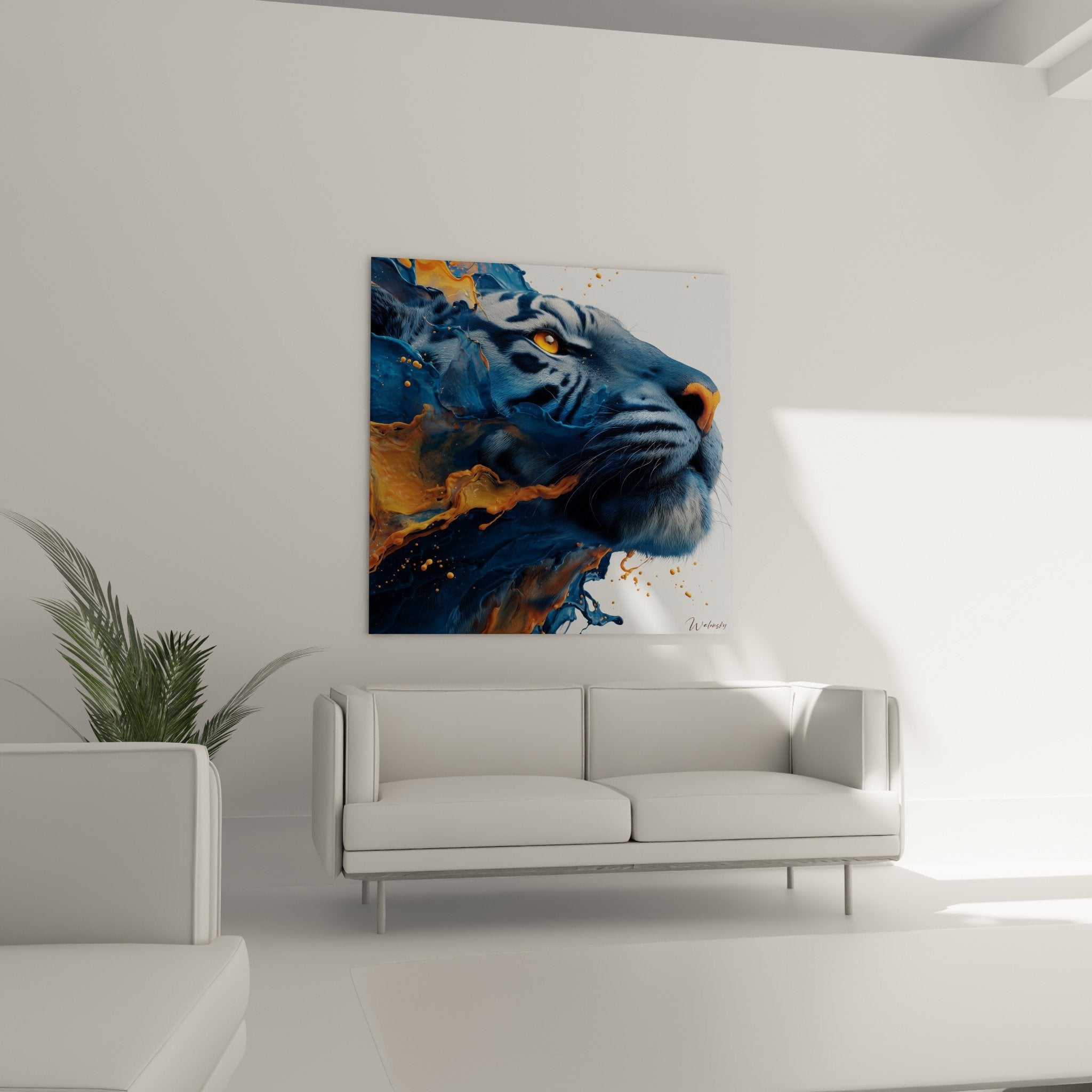 Tiger detail liquid blue gold painting amber eye fluid artistic texture