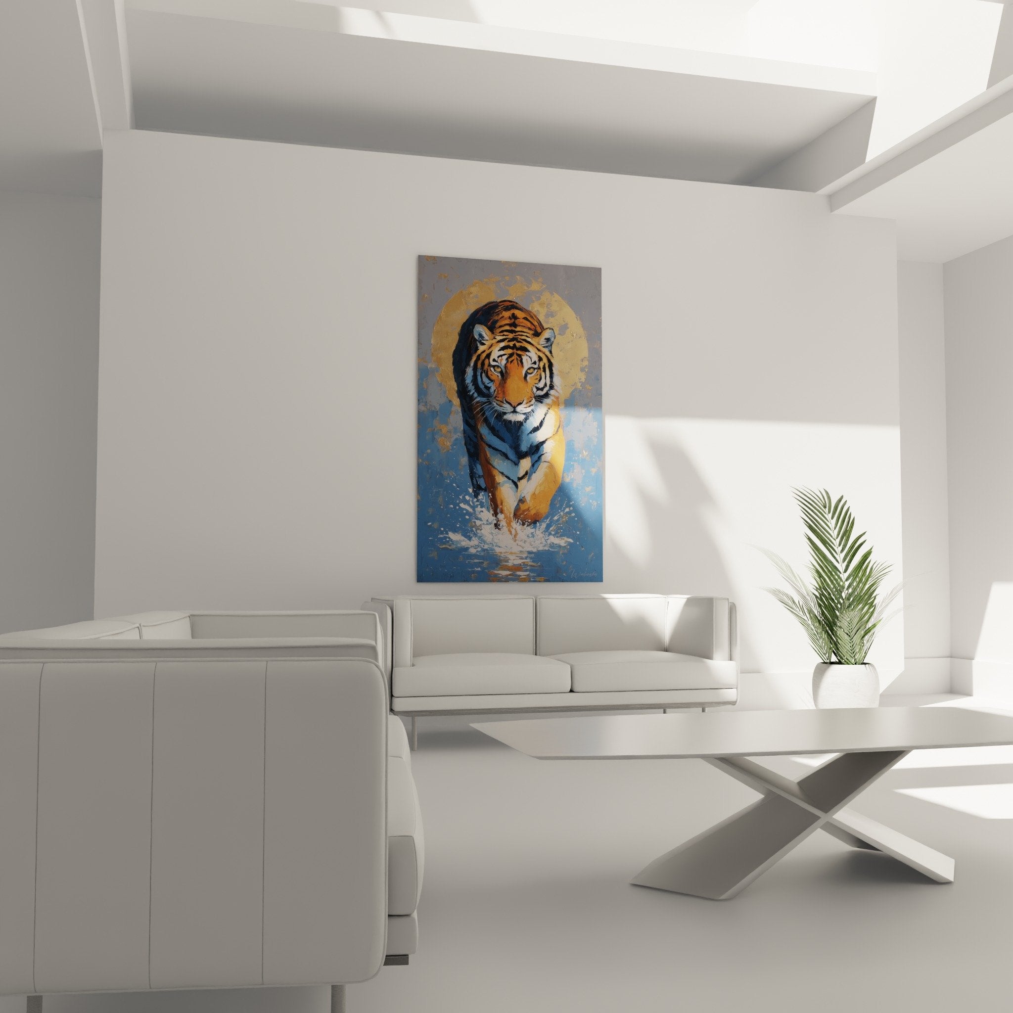 Detail tigre rayures orange noir regard ambre halo dore eclaboussures eau peinture realiste
