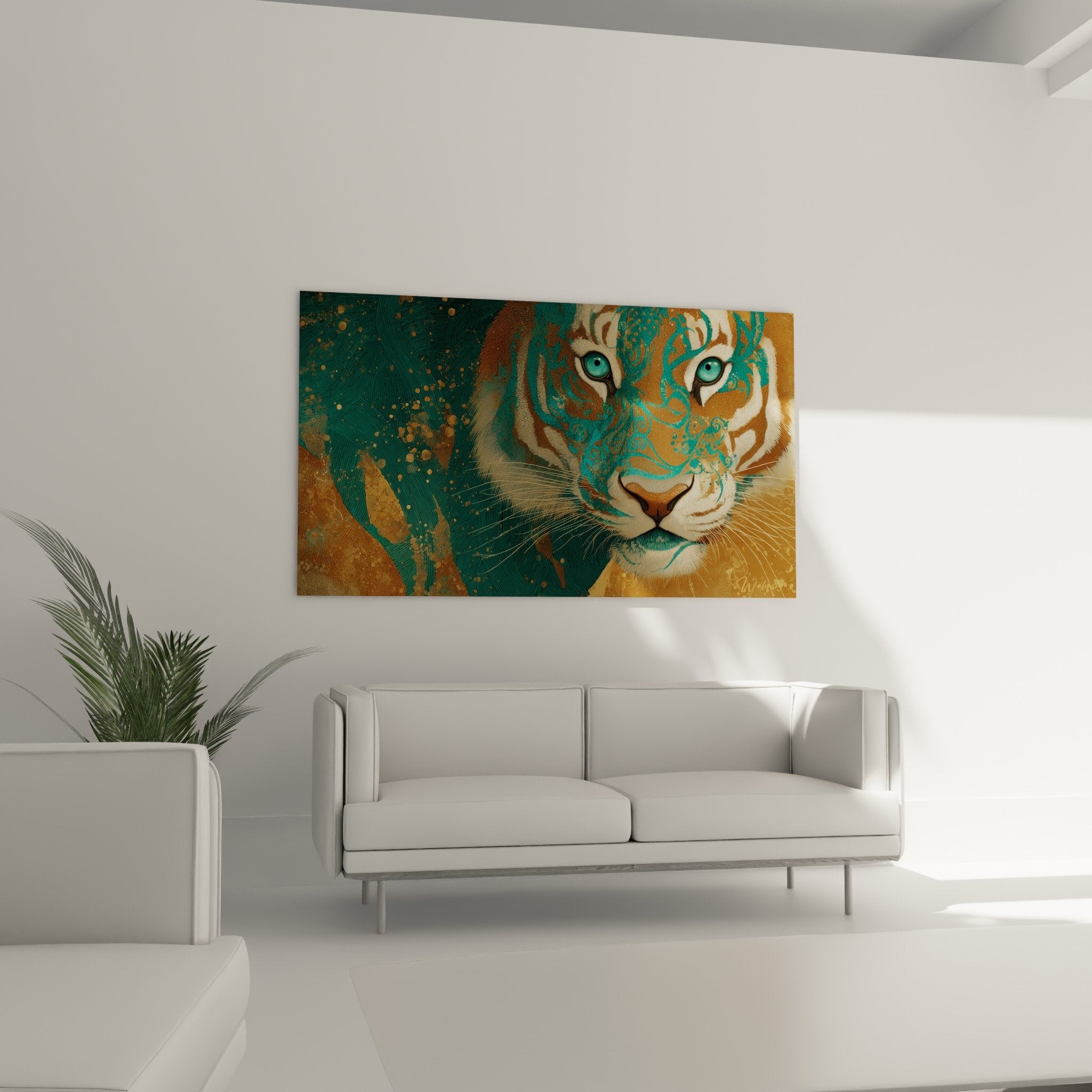 Gros plan tableau tigre regard bleu turquoise rayures bronze details artistiques projections dorees