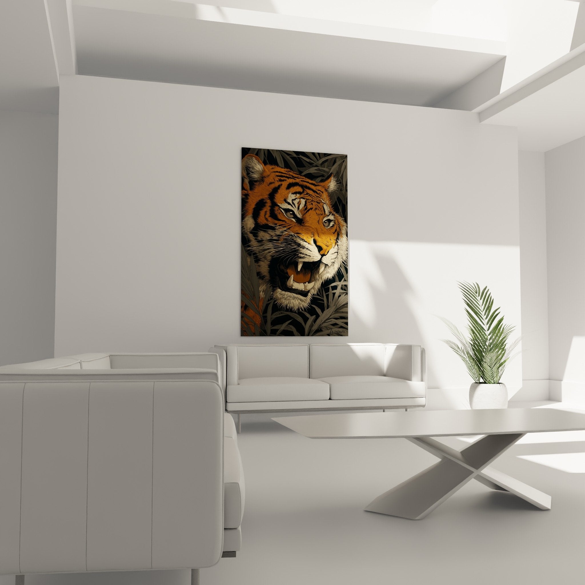 Roaring orange tiger detail with black stripes, high definition print quality
