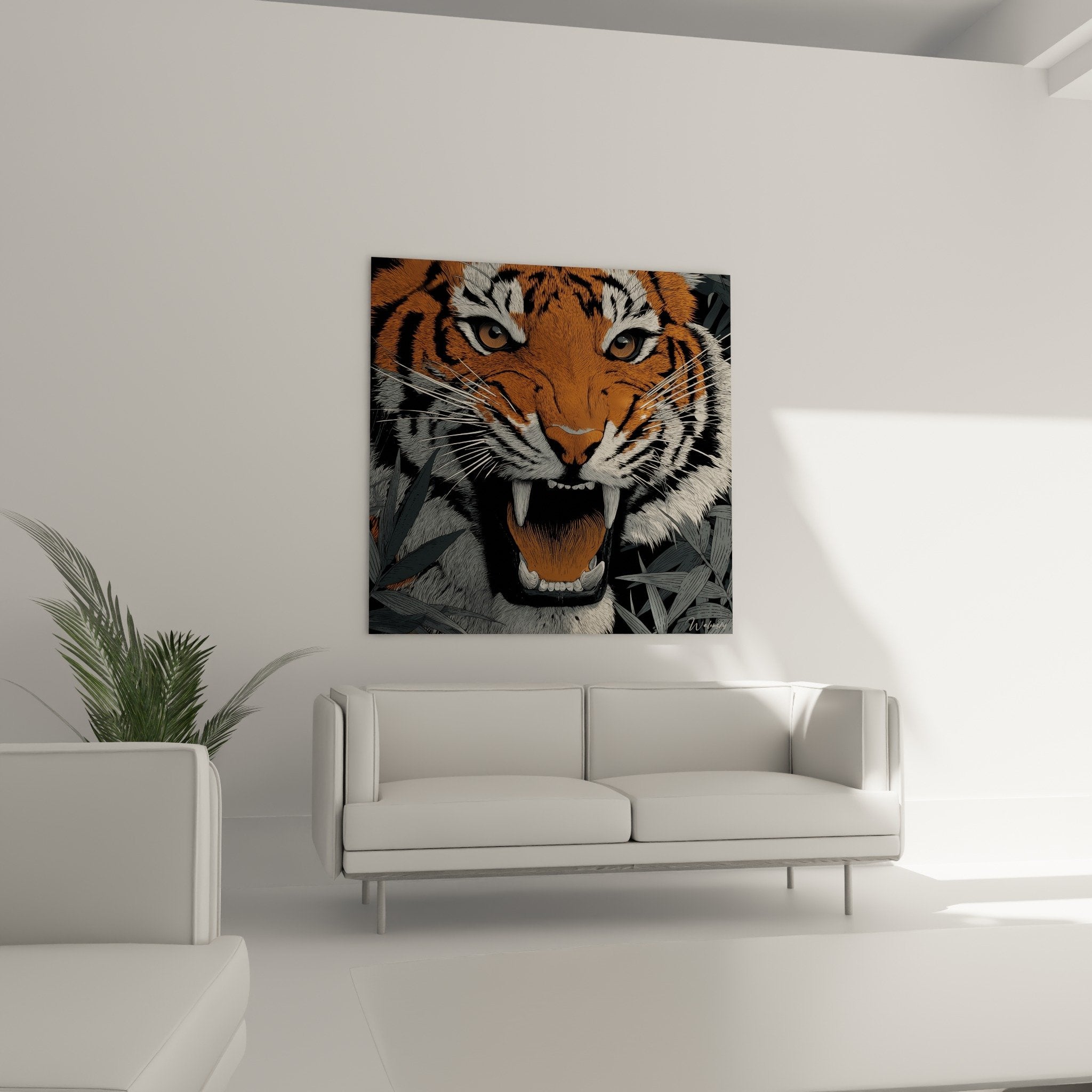 Detail brüllender Tiger orange schwarze Streifen weiße Schnurrhaare bernsteinfarbene Augen realistische moderne Wandkunst