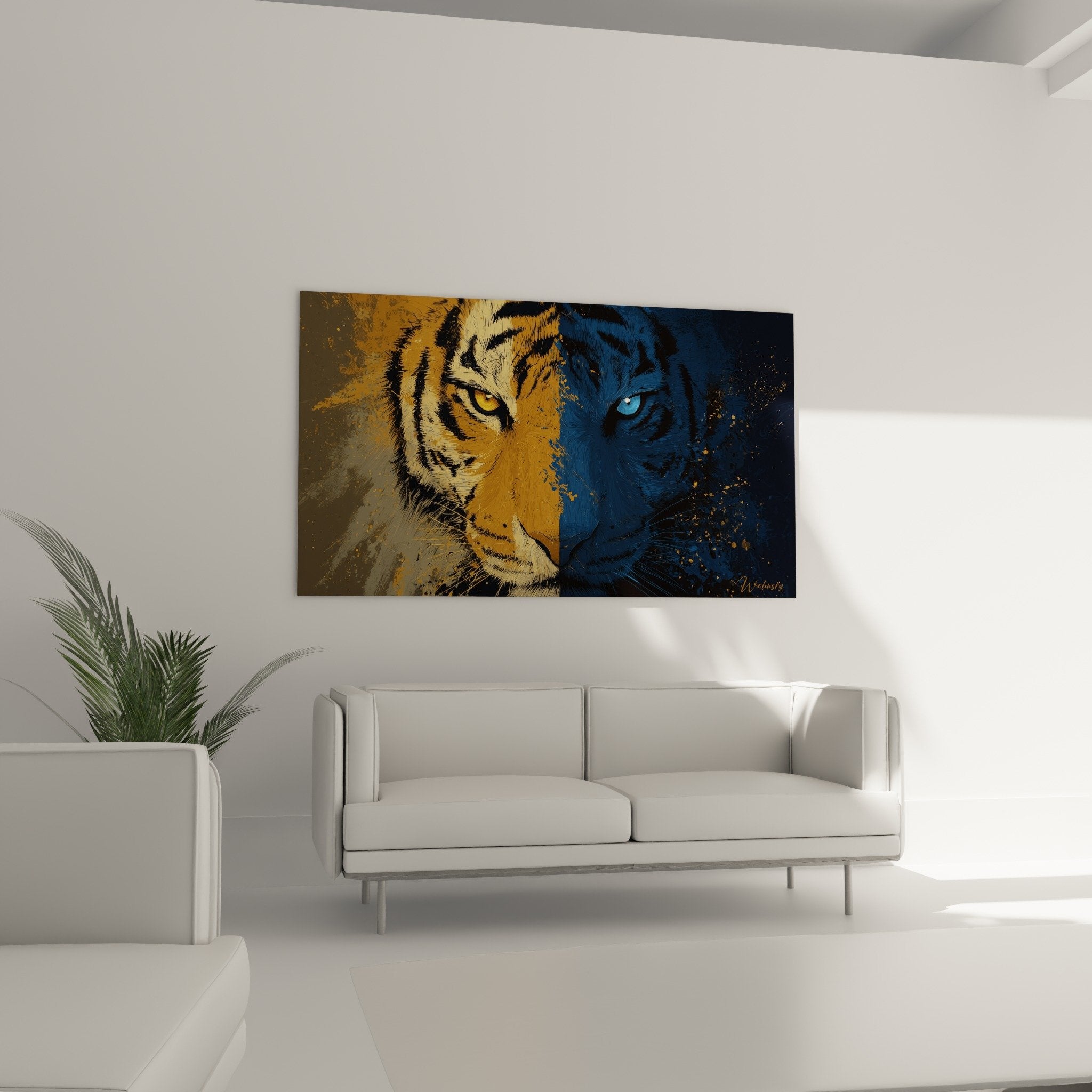 Détail tableau tigre bicolore yeux différents couleurs orange bleu technique artistique moderne