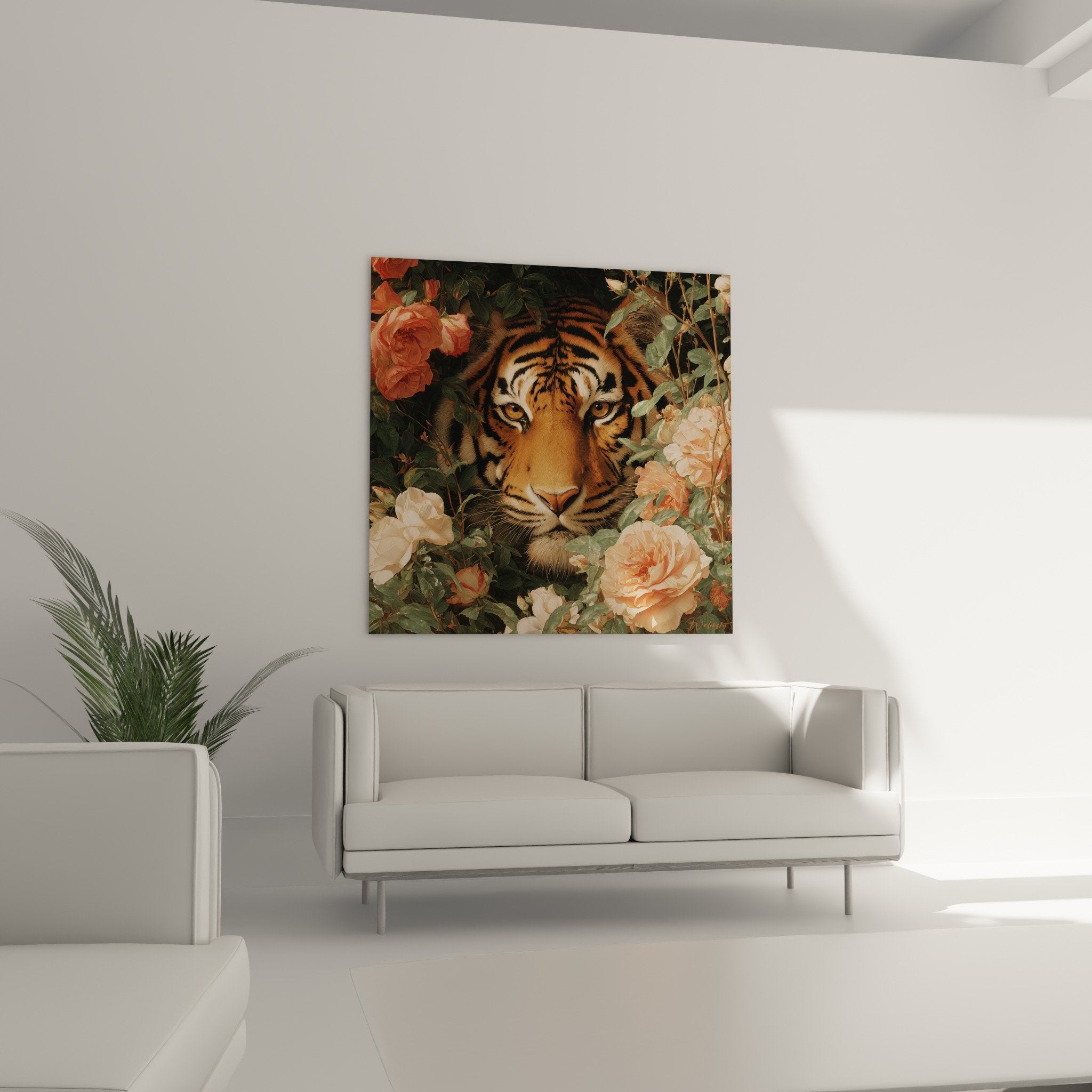 Détail gros plan tigre aux yeux dorés et roses pêche délicates - peinture réaliste haute qualité
