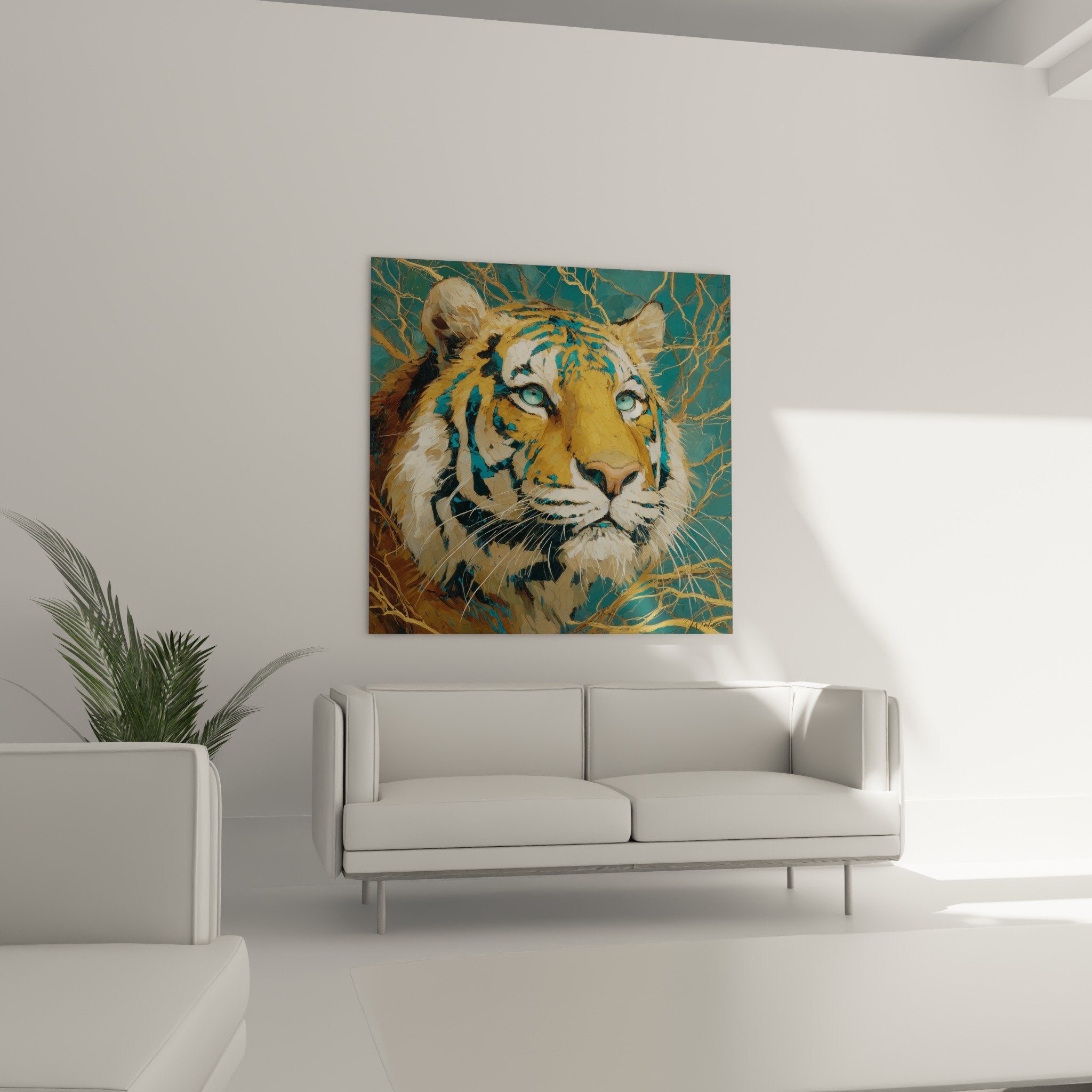 Detail tigre yeux turquoise perçants rayures noires pelage ocre sur fond bleu avec craquelures dorees artistiques