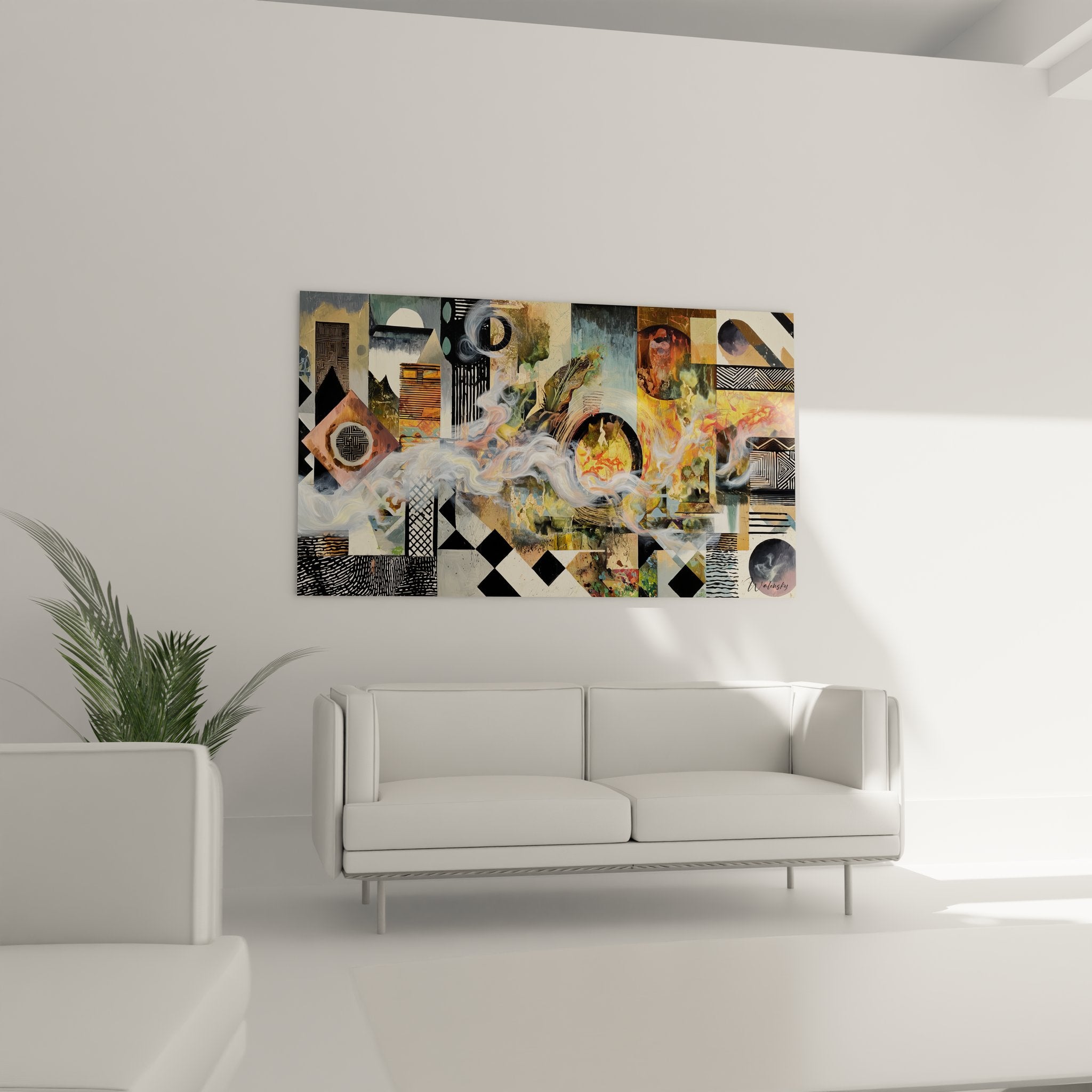 Détail gros plan tableau surréaliste abstrait montrant textures et formes géométriques