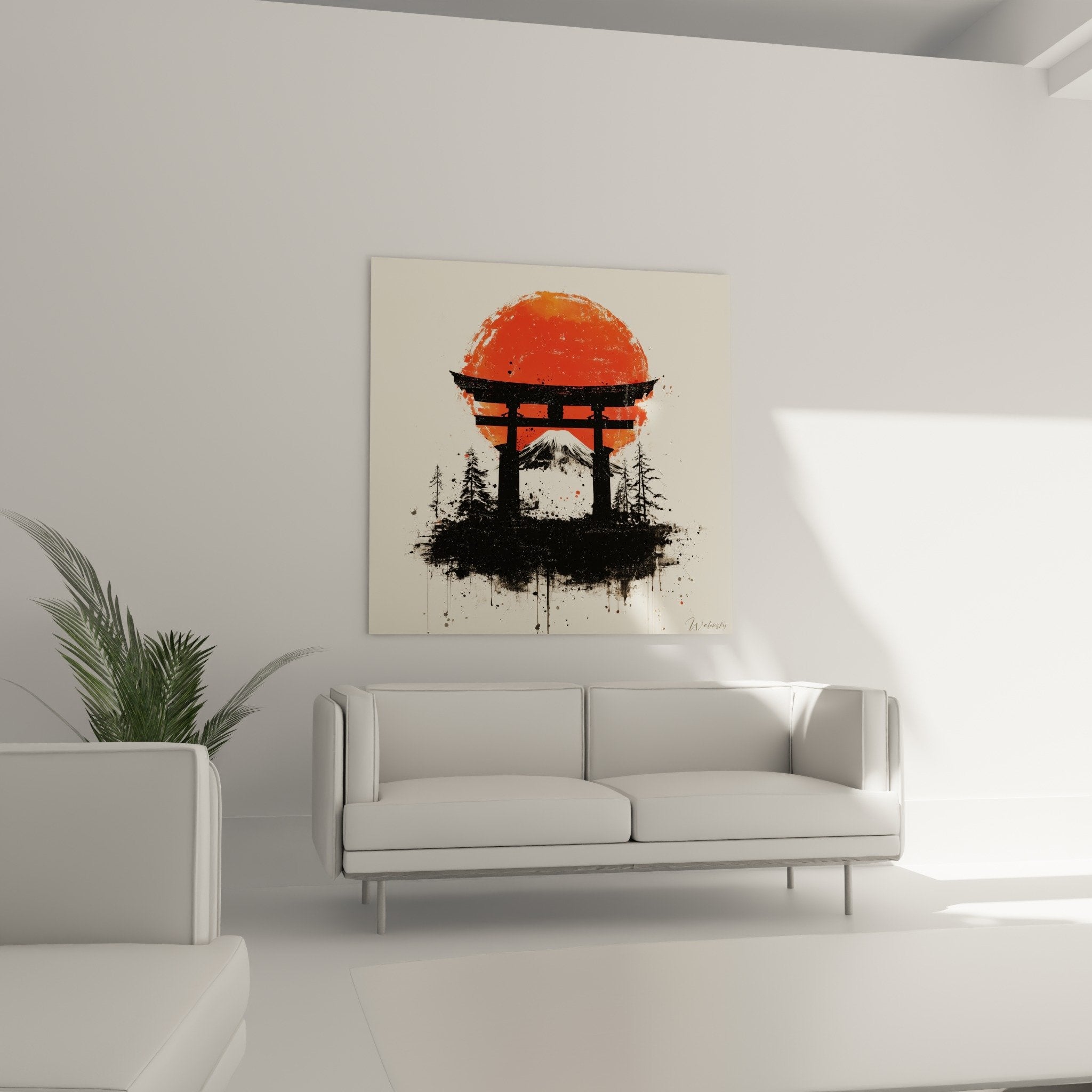 Detail porte sacree torii noire avec coulures encre et mont Fuji enneige, art japonais moderne