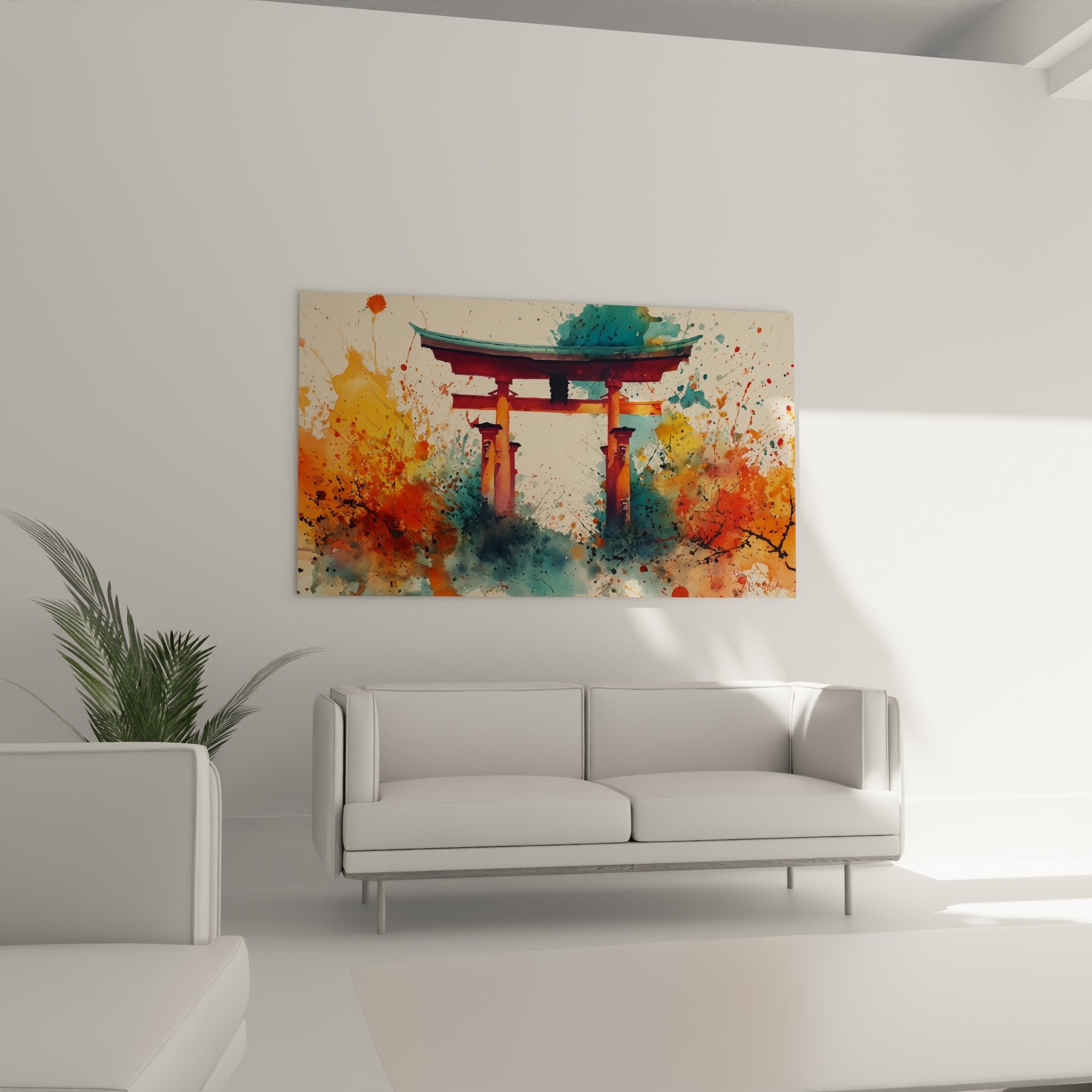 Nahaufnahme japanisches Torii-Tor Aquarellmalerei lebhafte orange türkis Spritzer