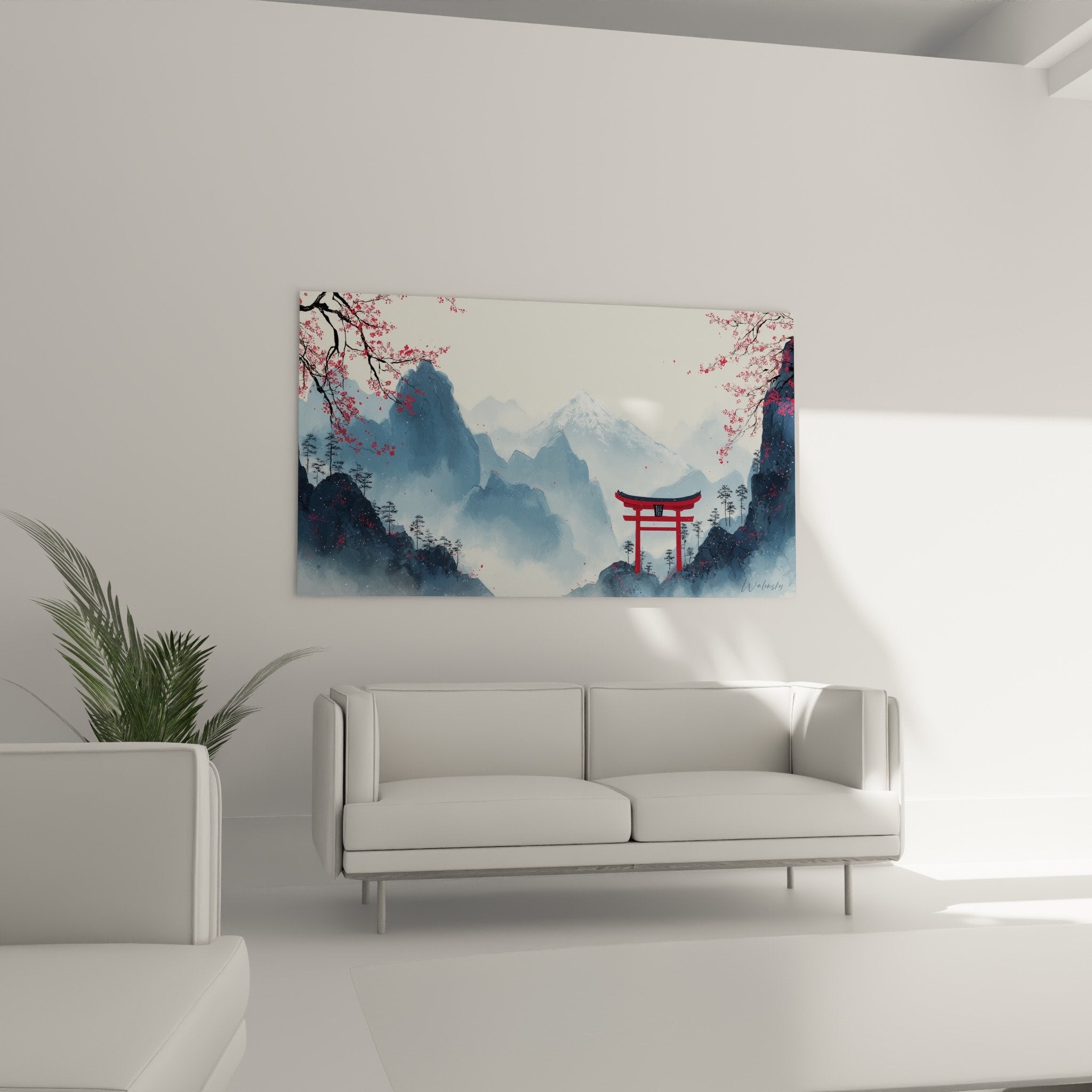 Detail of red vermillion torii gate cherry blossoms pink petals mountain mist Japanese art