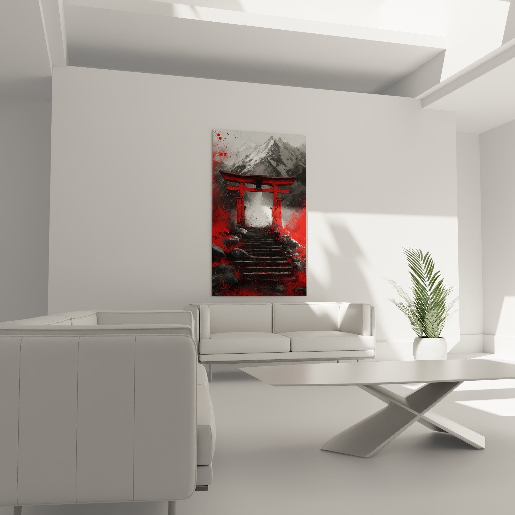 Detail vermillion red torii splashes paint black stairs contemporary Japanese art