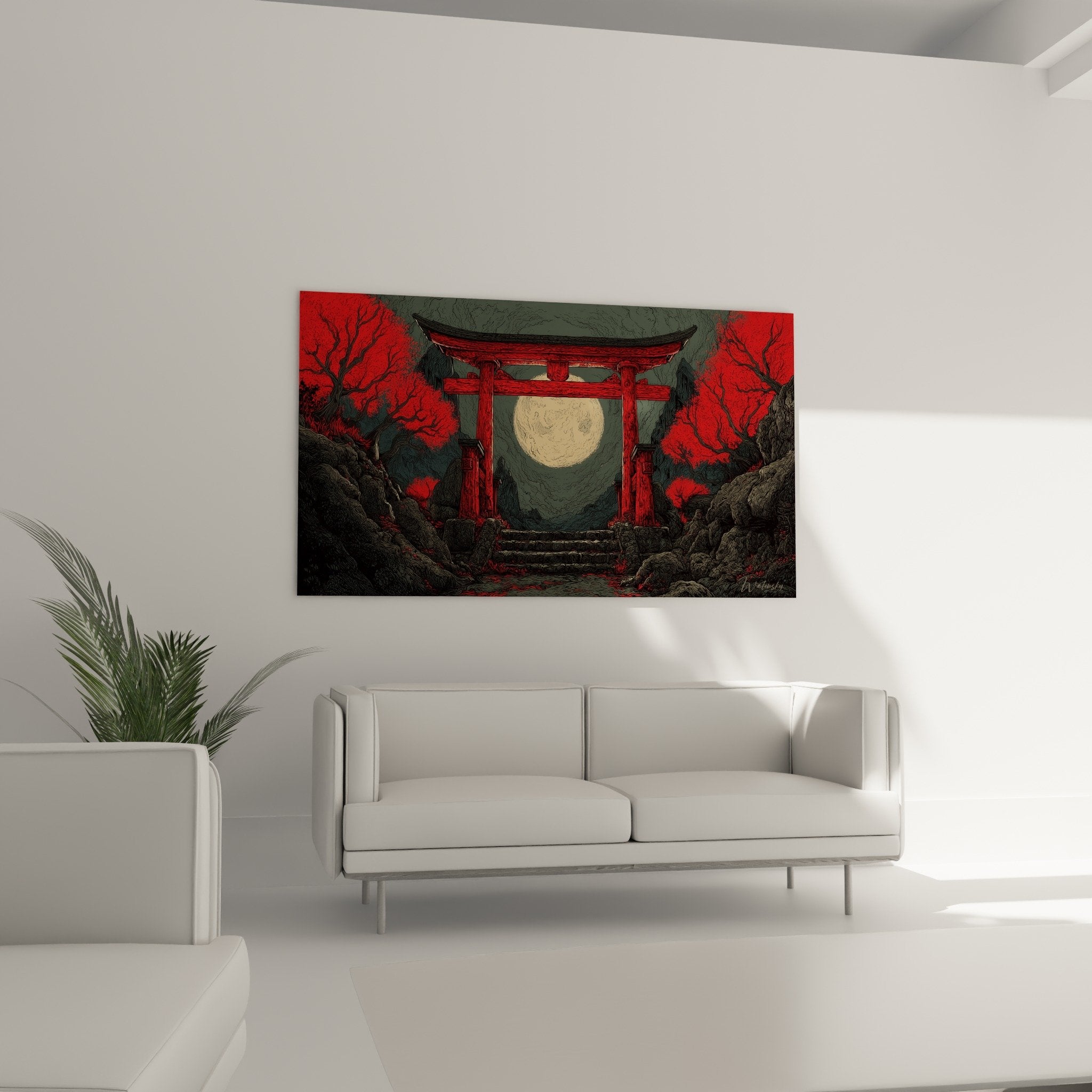 Detail engraving red vermillion torii golden moon artistic texture Japanese portal nocturnal sanctuary