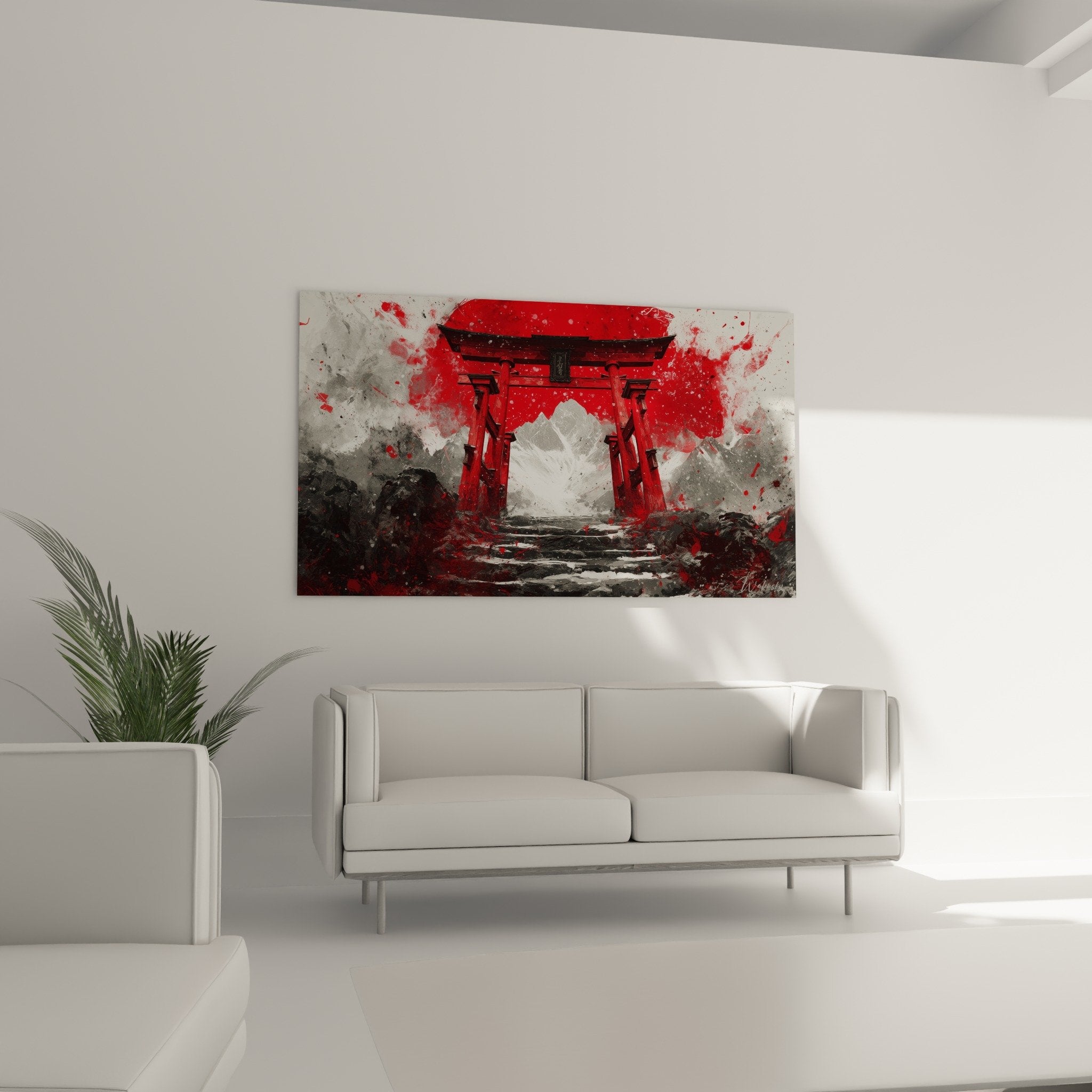 Détail porte sacrée japonaise rouge avec technique splash art contemporain