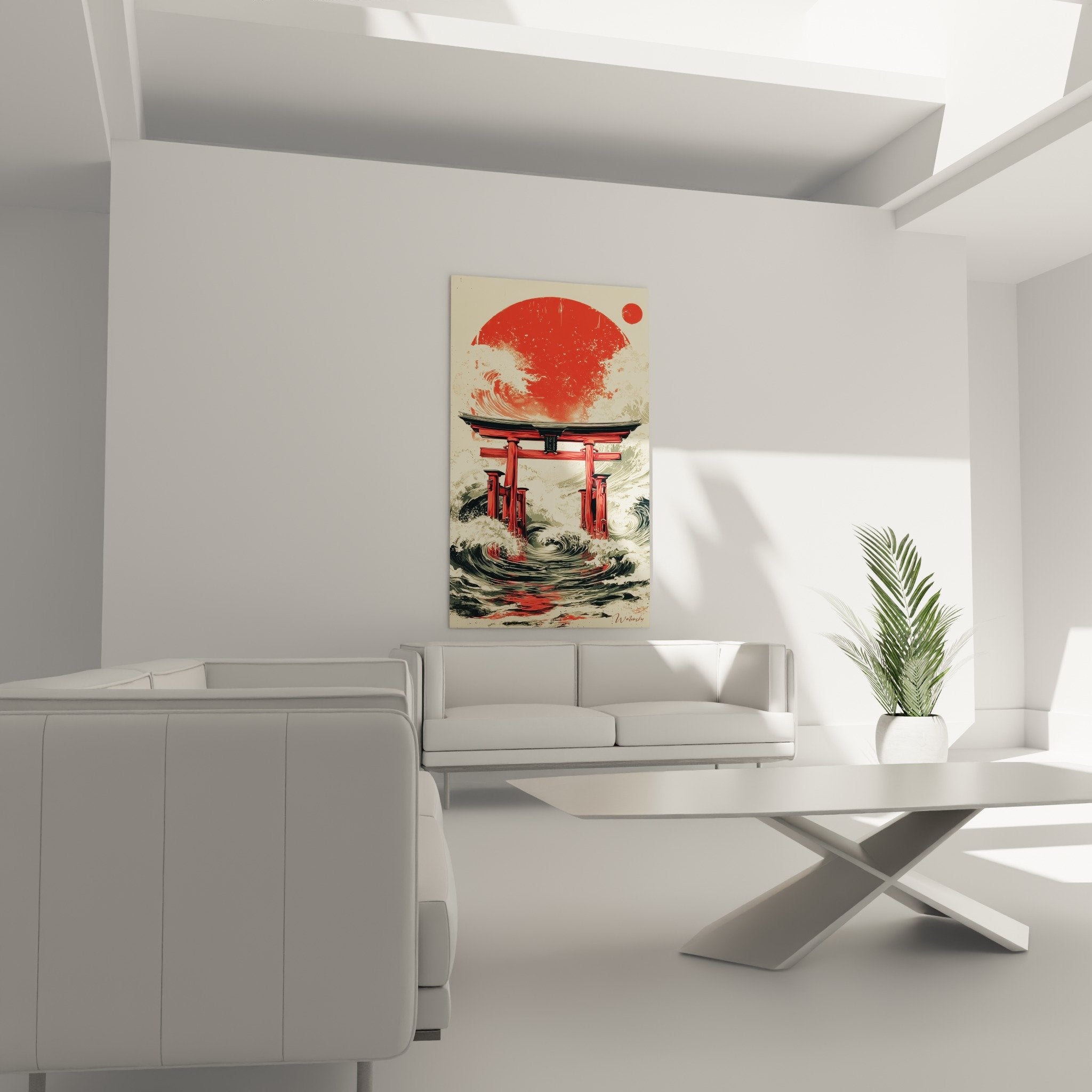 Détail torii vermillon et vagues stylisées beiges, texture artistique style estampe japonaise