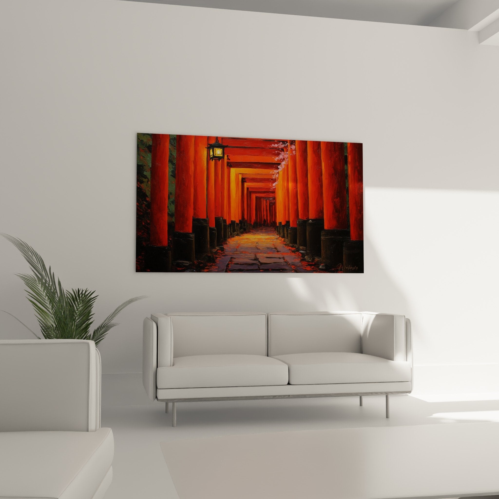 Close-up detail scarlet vermillion torii texture red paint golden lantern black pillar