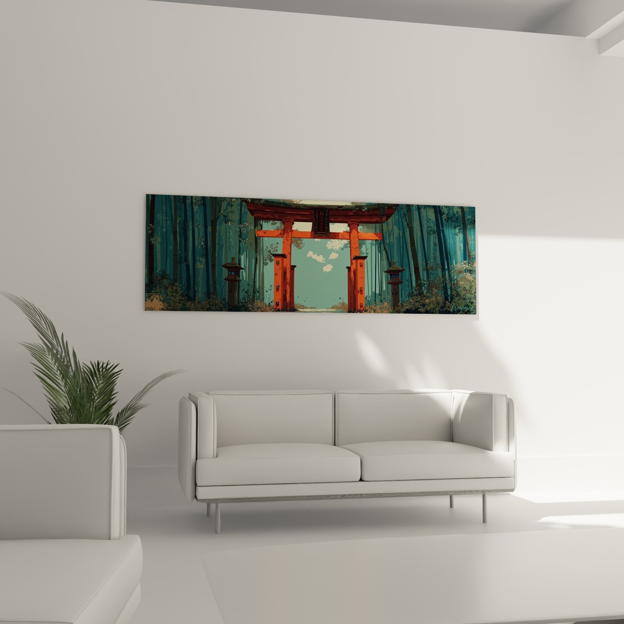 Detail torii rouge vermillon lanternes pierre bambous bleu-vert texture artistique japonaise