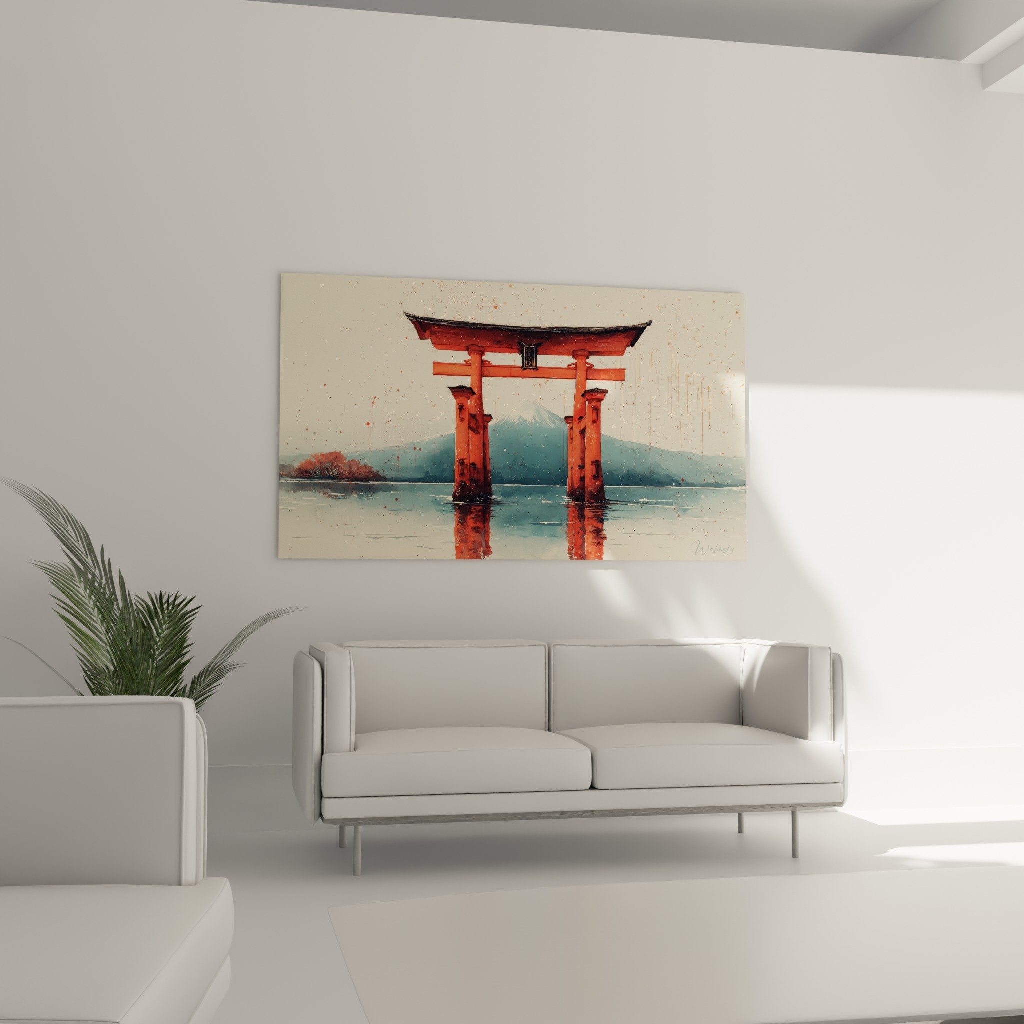 Detail Malerei rotes Torii Vermillon Wasserreflexe Aquarelltechnik zarte Spritzer