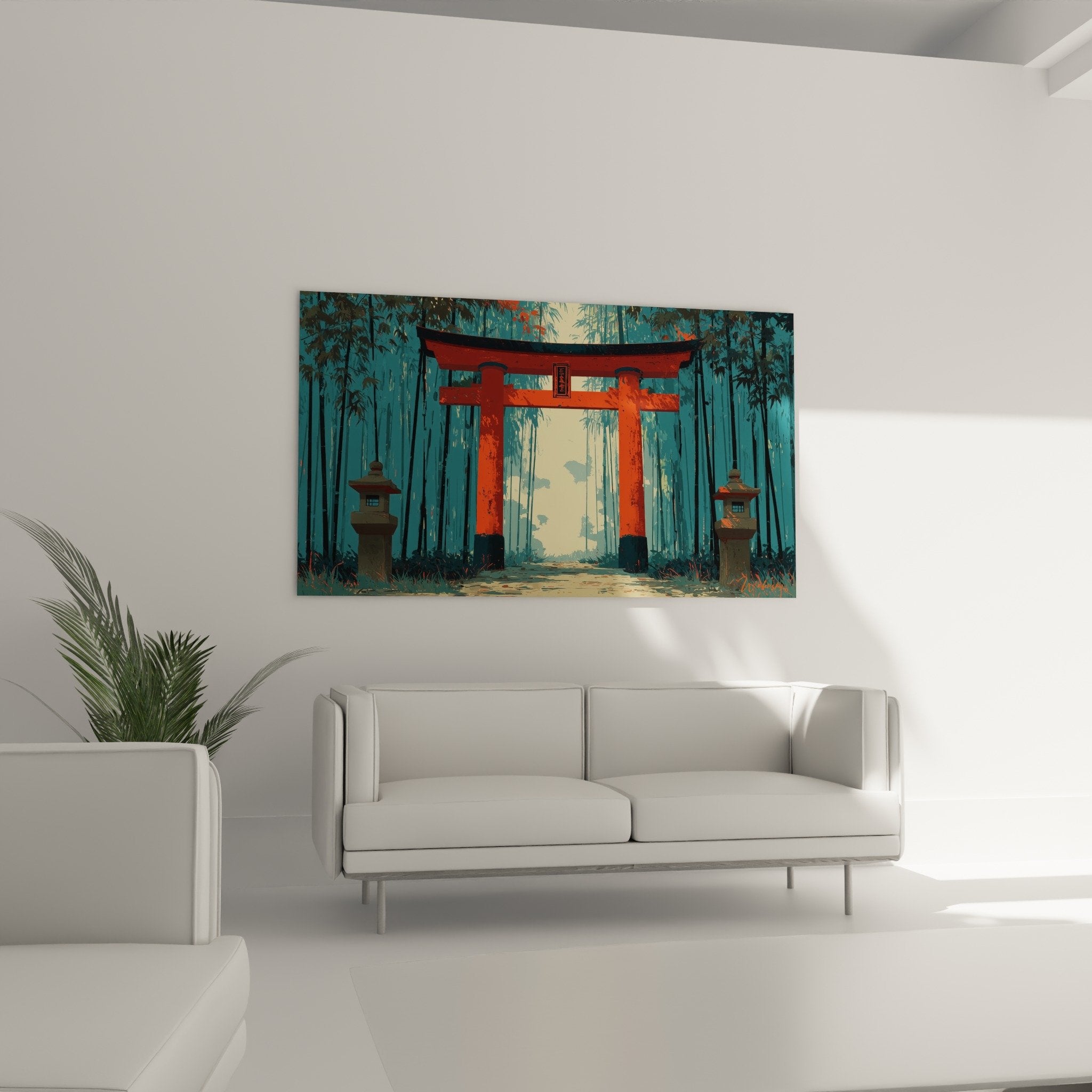detail torii vermillon contraste couleurs turquoise ocre texture peinture style estampe japonaise traditionnelle