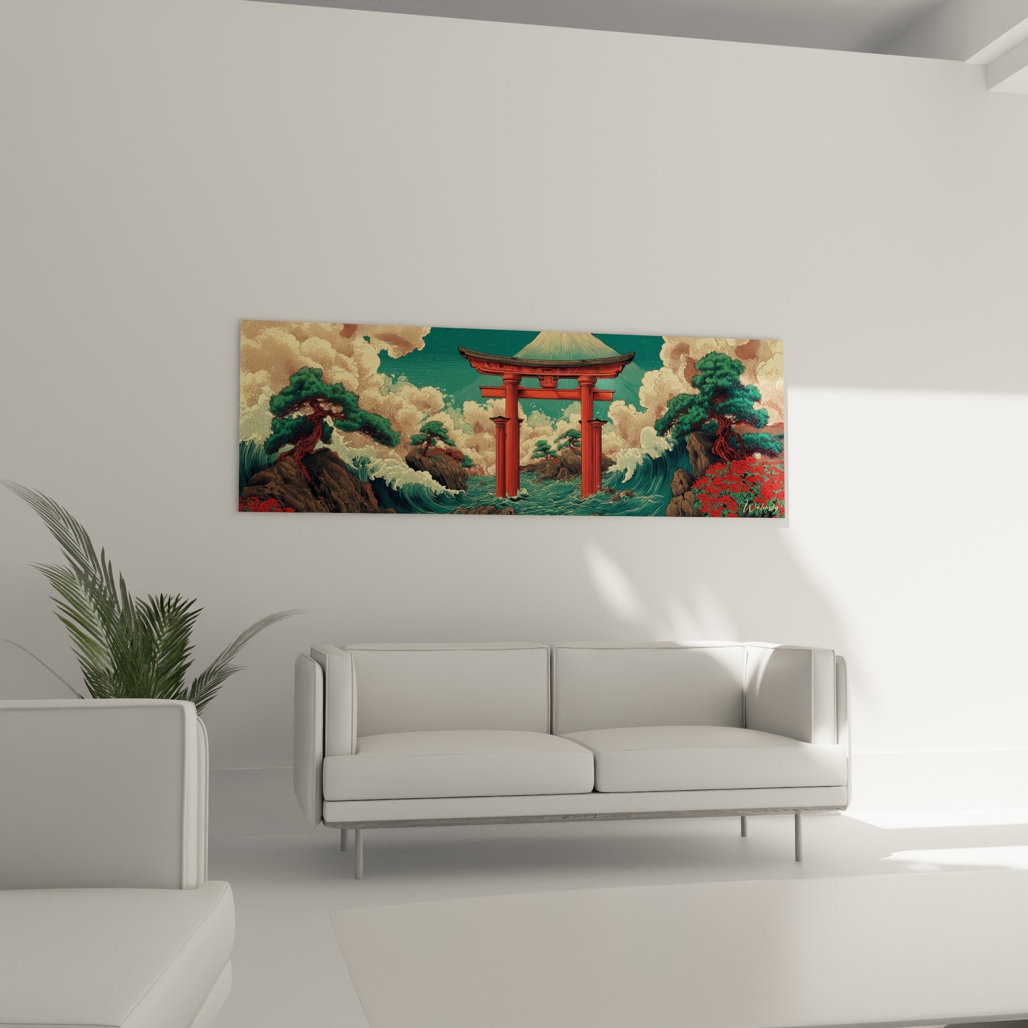 Détail rapproché torii vermillon vagues stylisées nuages dorés technique estampe japonaise ukiyo-e