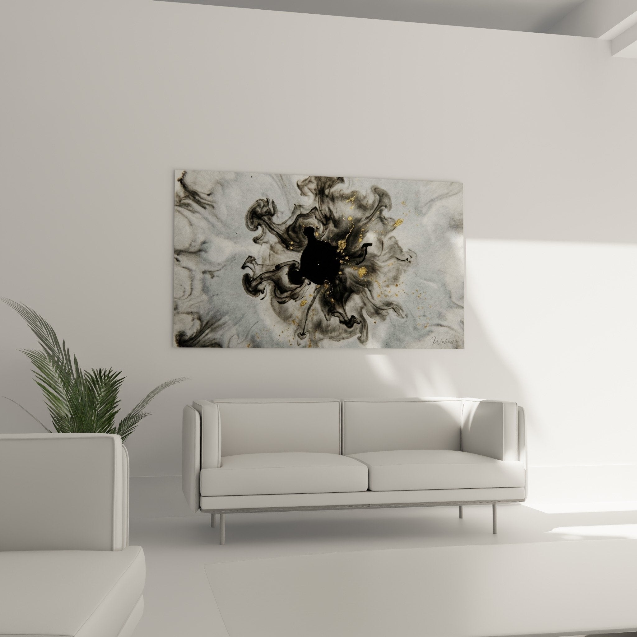 Détail rapproché tableau abstrait volutes grises parcelles or texture fluide art contemporain