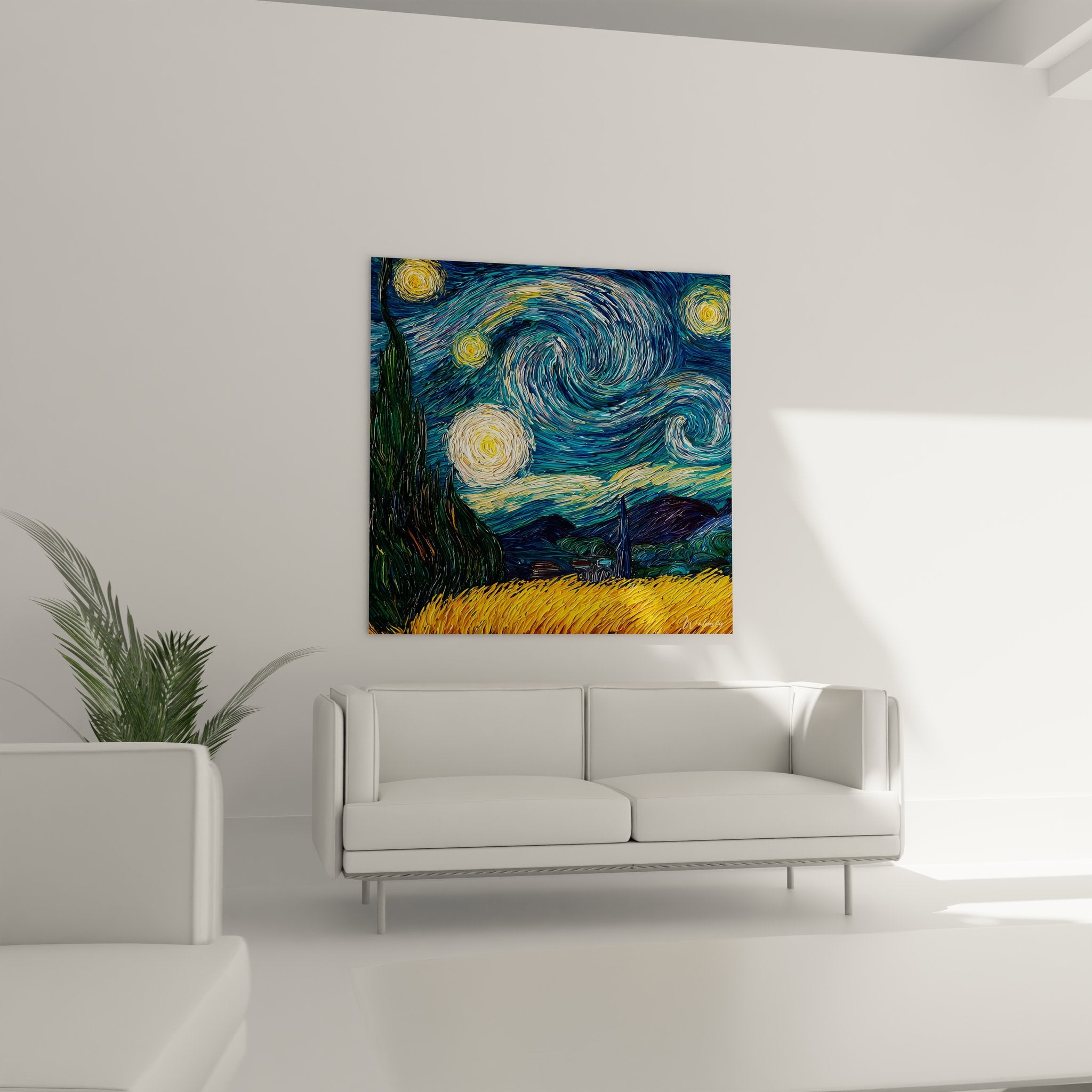 Gros plan détaillé des tourbillons bleus et étoiles dorées du tableau nuit étoilée style post-impressionniste