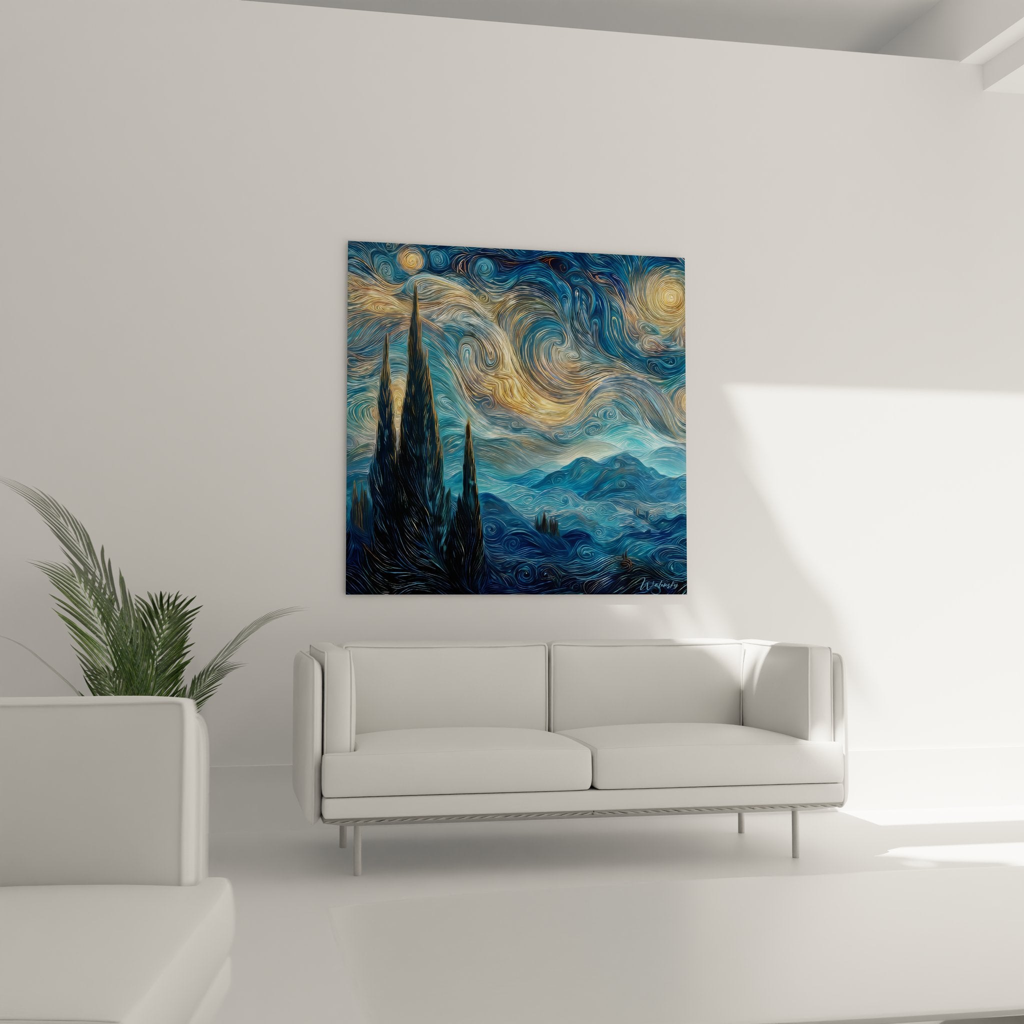 Détail gros plan des tourbillons cosmiques dorés et spirales célestes du tableau nocturne