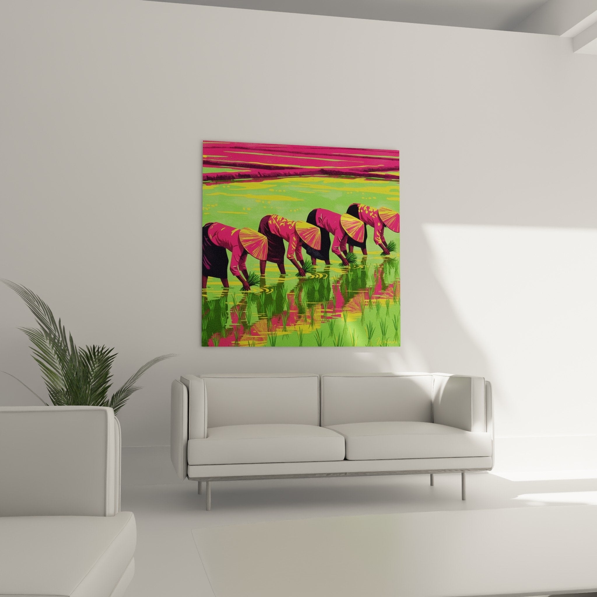 Detail Gemälde Reisarbeiterinnen kegelförmige goldene Hüte rosa Kleidung Muster grüne Wasserreflexe