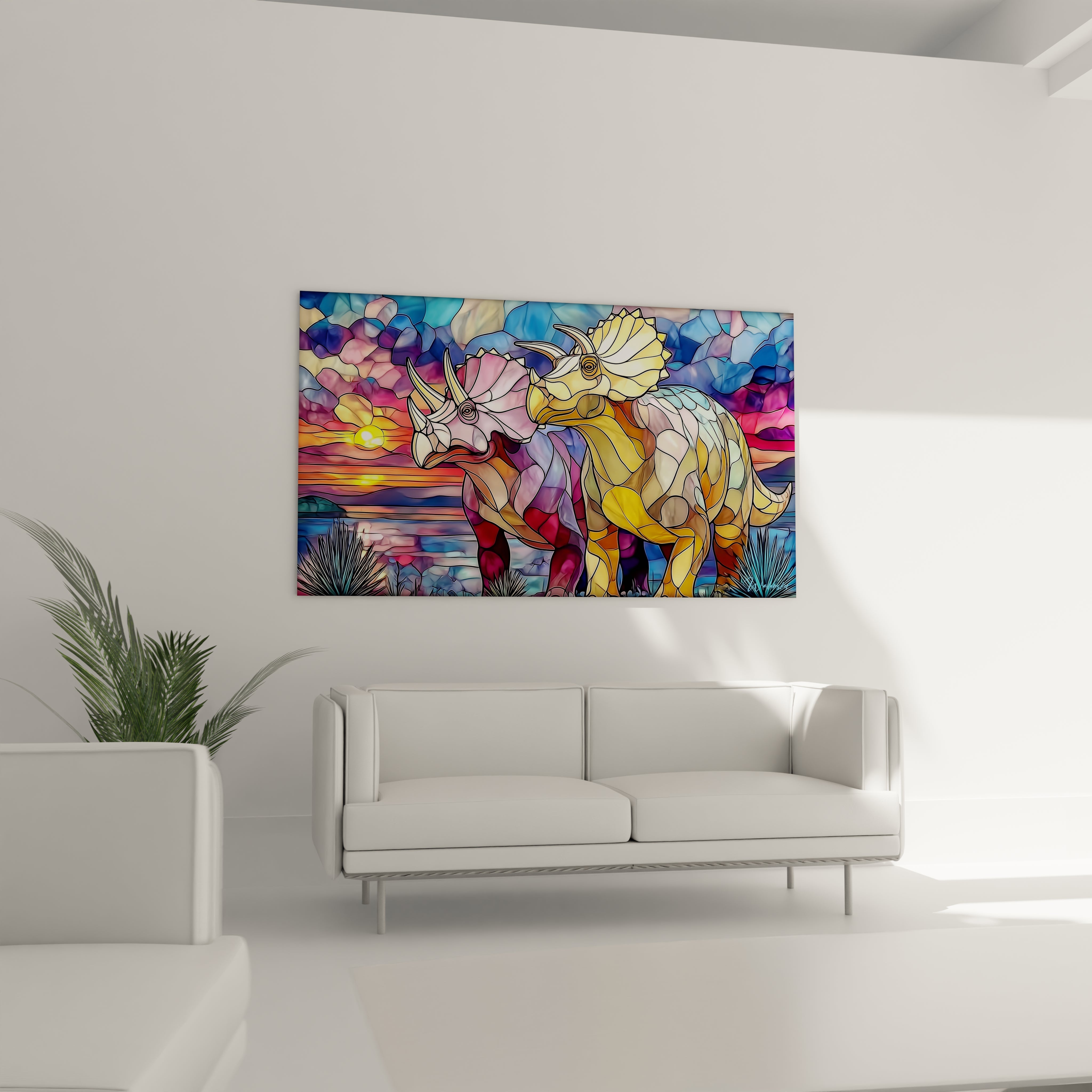 Gros plan détails triceratops vitrail coloré cornes collerette art dinosaure