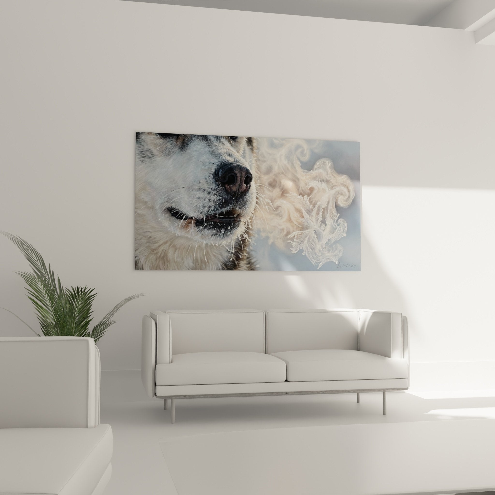 Détail gros plan truffe et souffle glacé Husky Sibérien, texture pelage réaliste vapeur cristalline