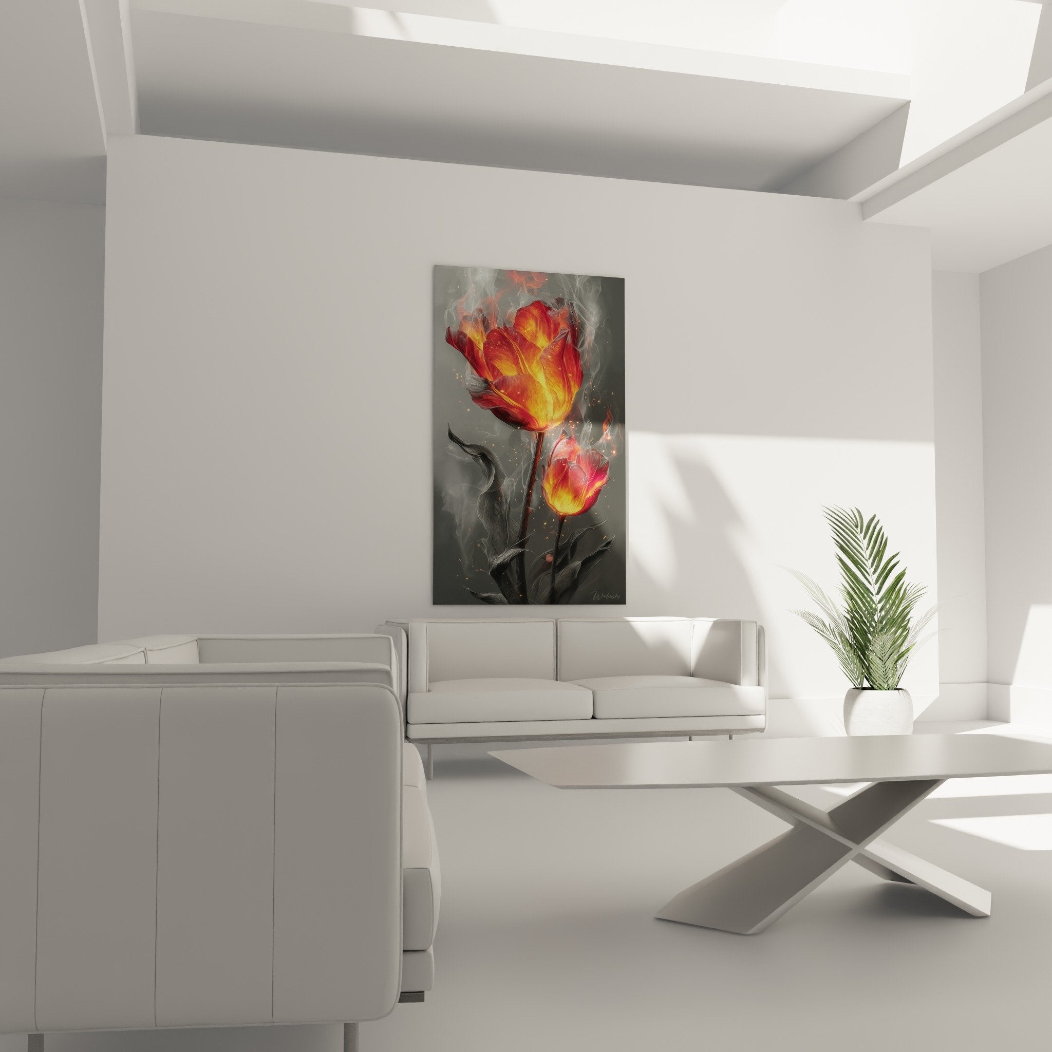 Detail tableau tulipes flammes particules dorees petales rouges incandescents art feng shui sud feu