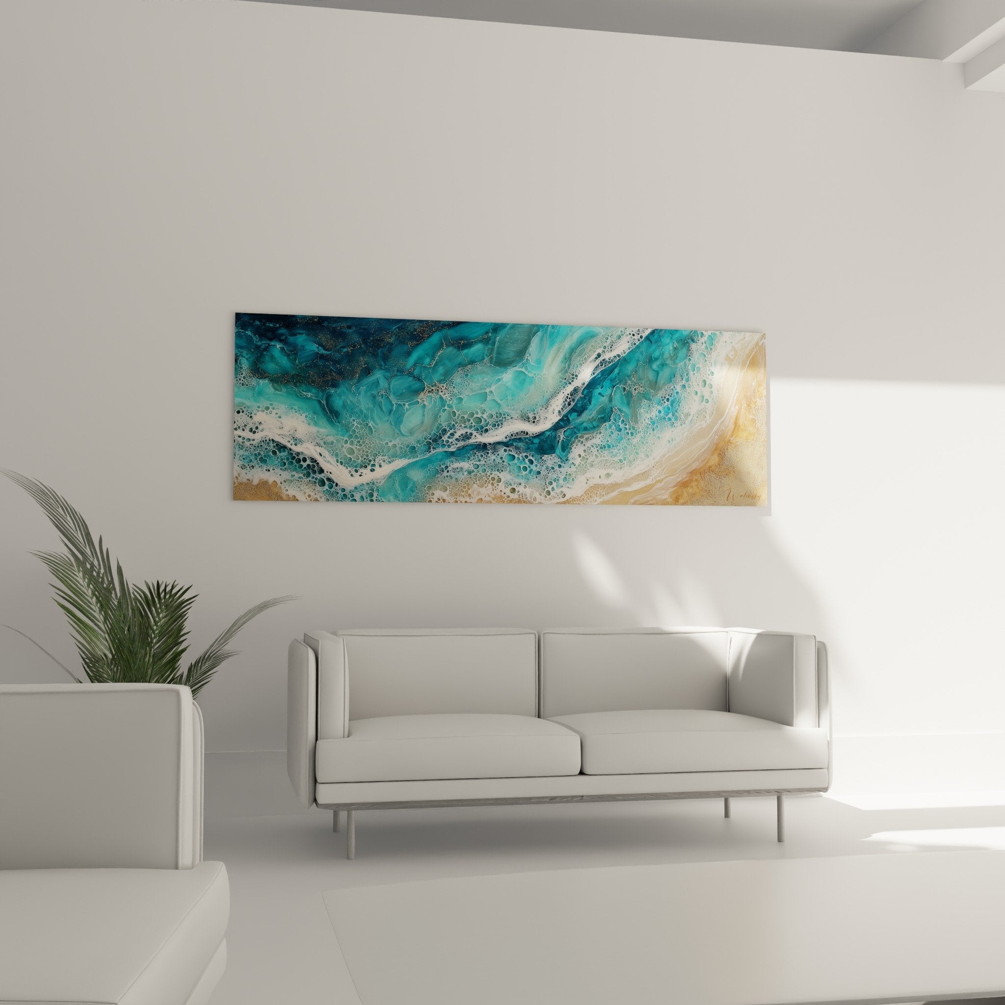 Abstract turquoise waves texture detail with gold accents textured effect feng shui wall art