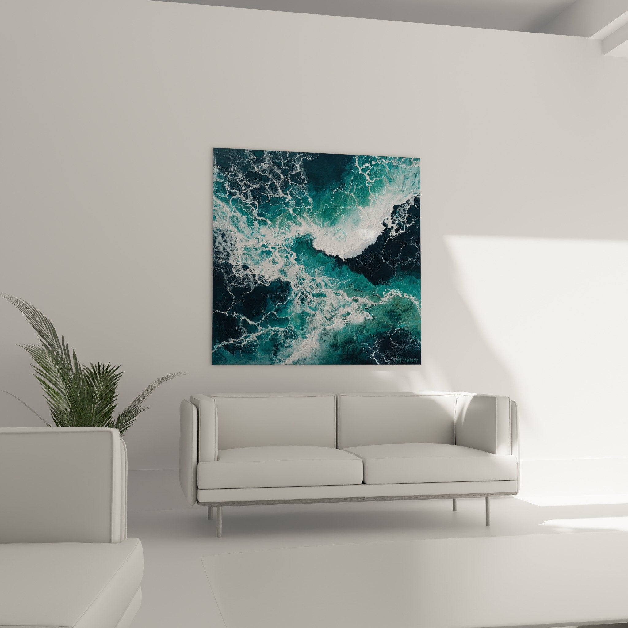 Detail texture vagues turquoise ecume blanche tableau feng shui nord eau art fluide
