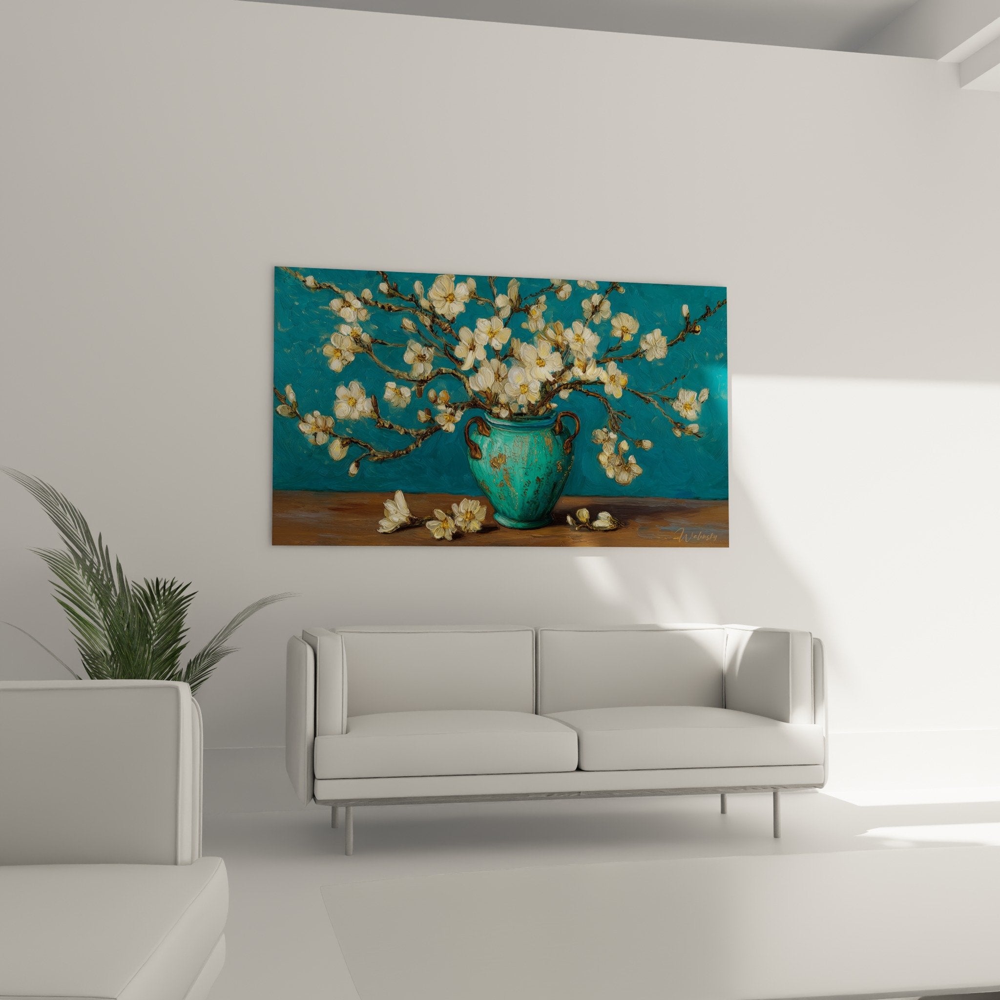 Turquoise vase with copper patina detail white delicate flowers Japanese floral art ikebana