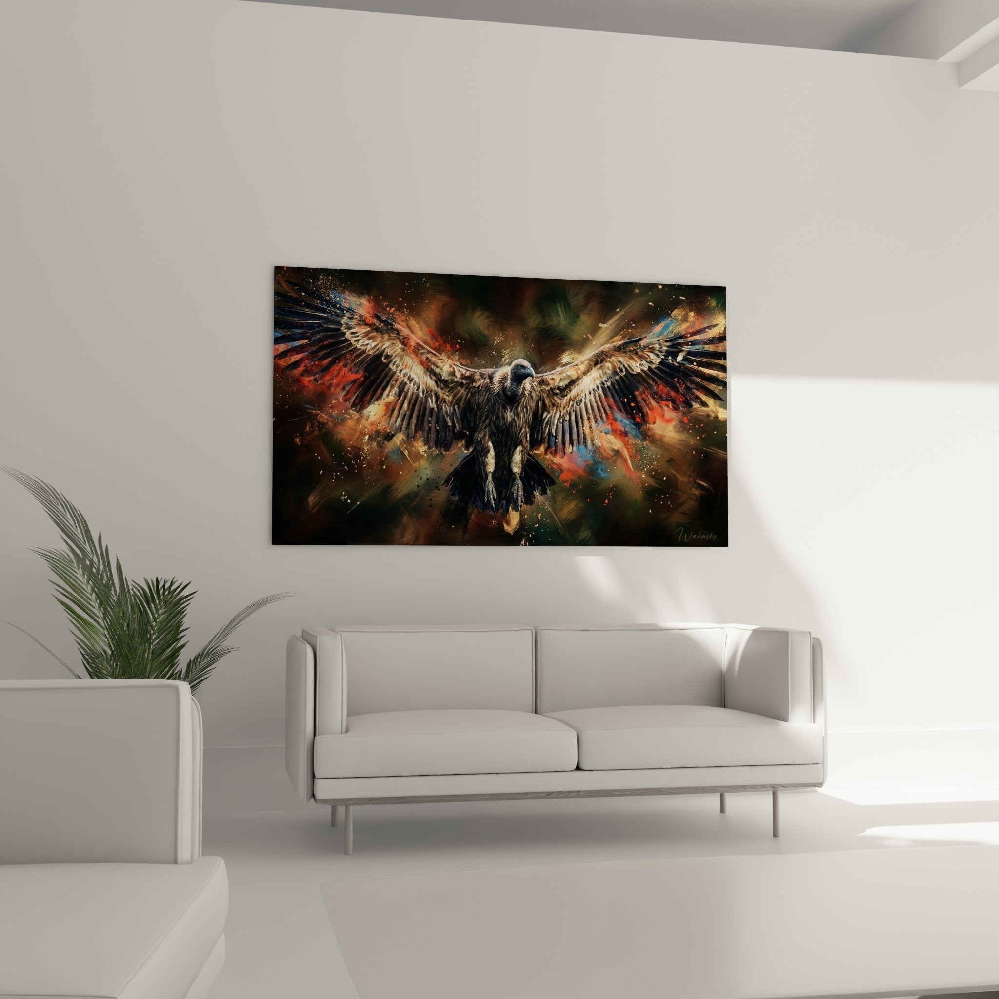 Detailaufnahme Raubvogel braunes Gefieder goldene Reflexe moderne expressionistische künstlerische Technik