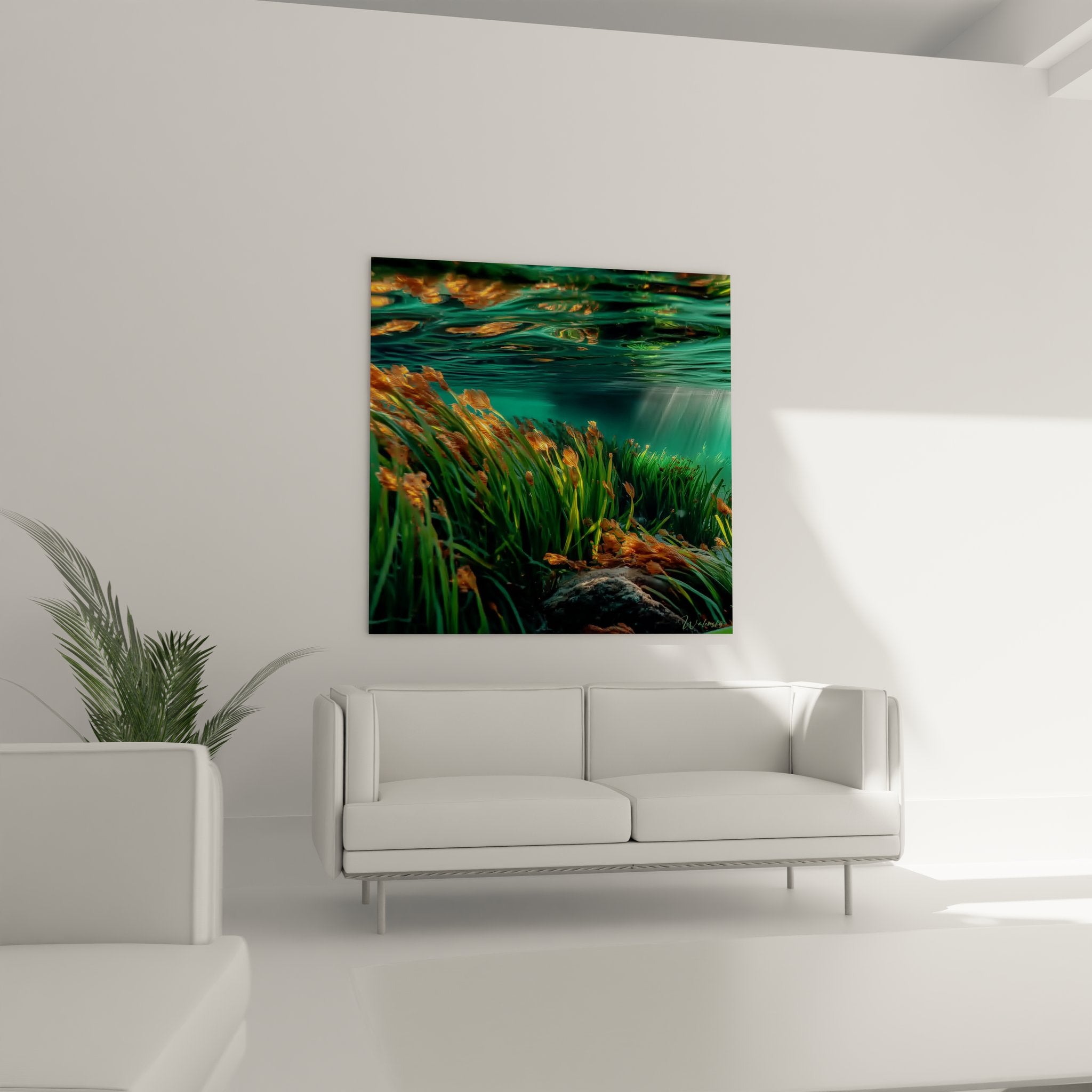 Gros plan détaillé végétation aquatique verte dans oasis désert avec jeux lumière sous-marine