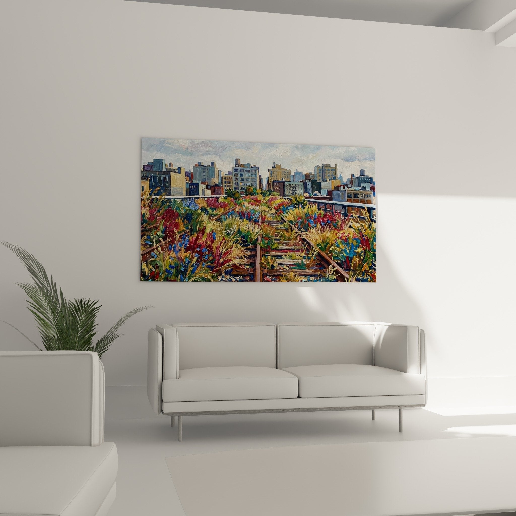 Détail peinture végétation rouge bordeaux et dorée jardin sur toit avec coups pinceau expressifs