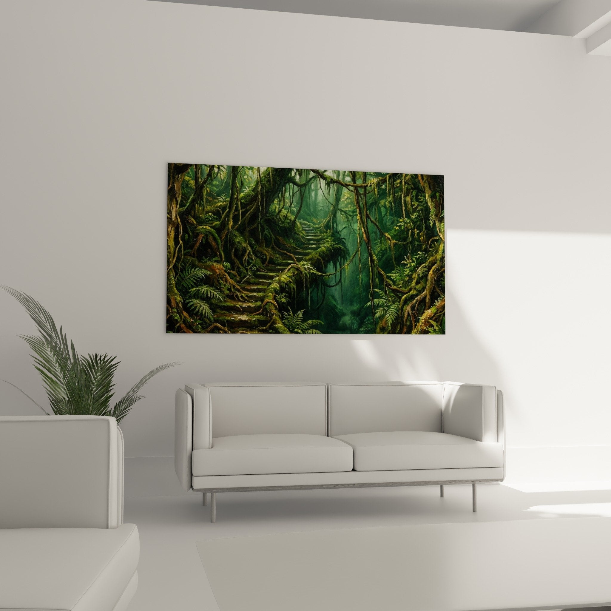 Detail tropical vegetation painting ferns moss stone staircase emerald green Bali