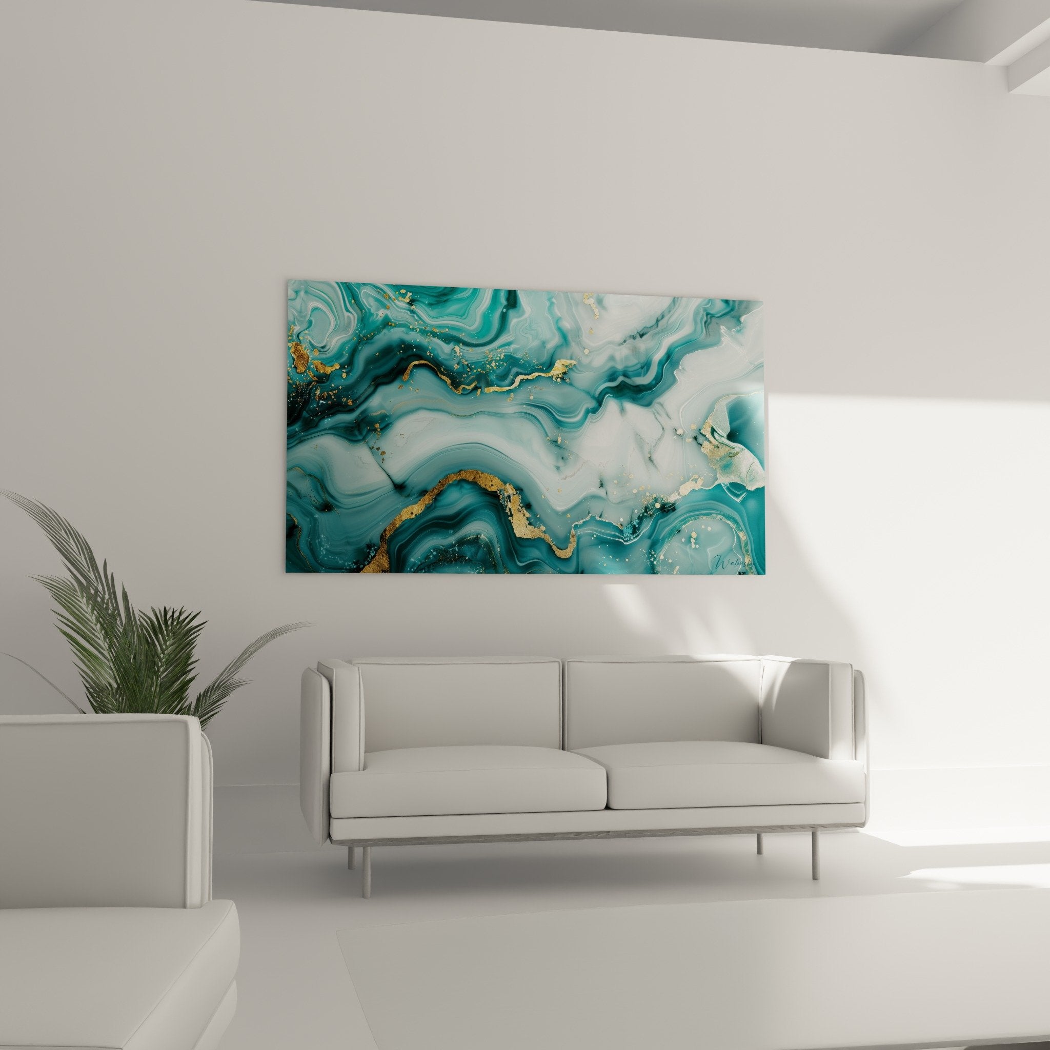 Close-up detail of golden veins and turquoise hues in the contemporary abstract artwork