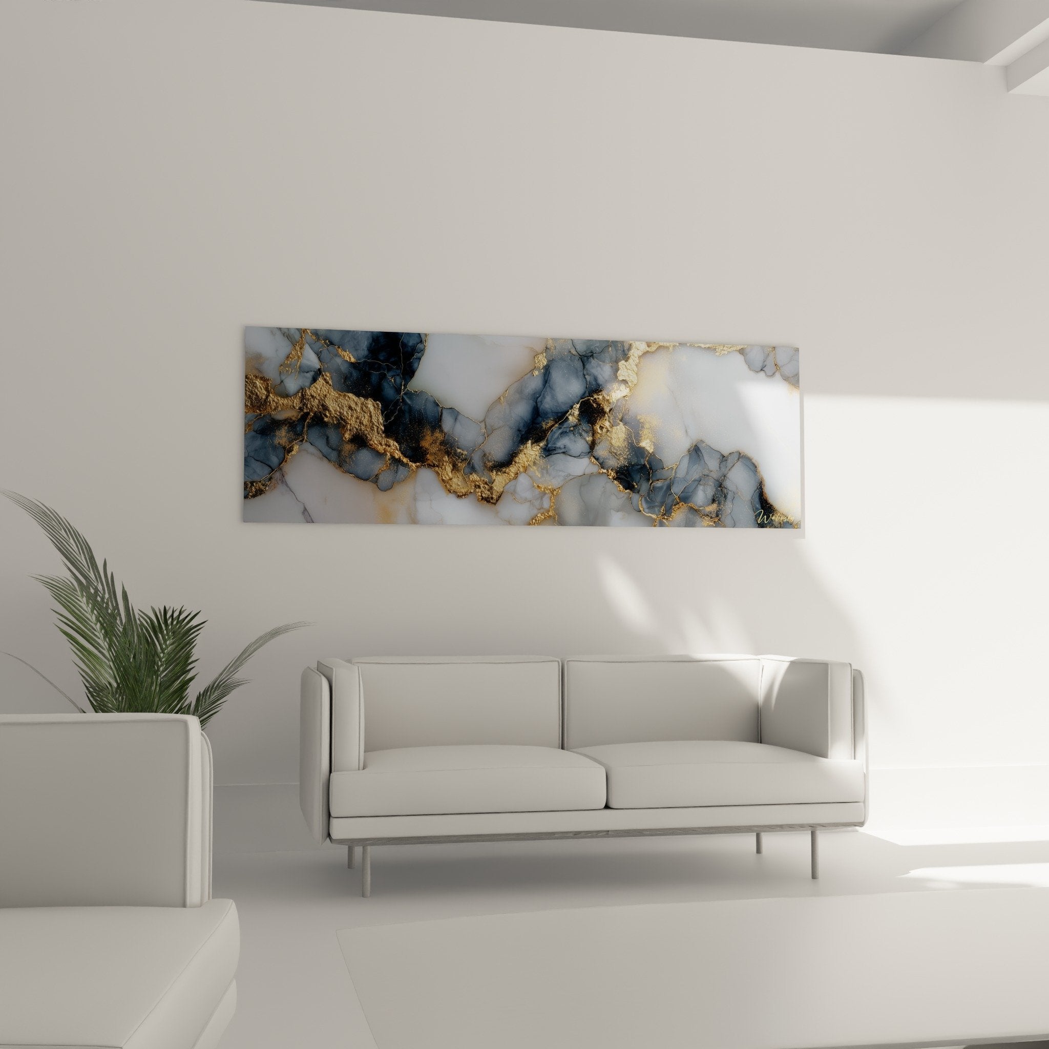 Close-up detail of golden veins and blue-grey textures of the panoramic abstract marble wall art