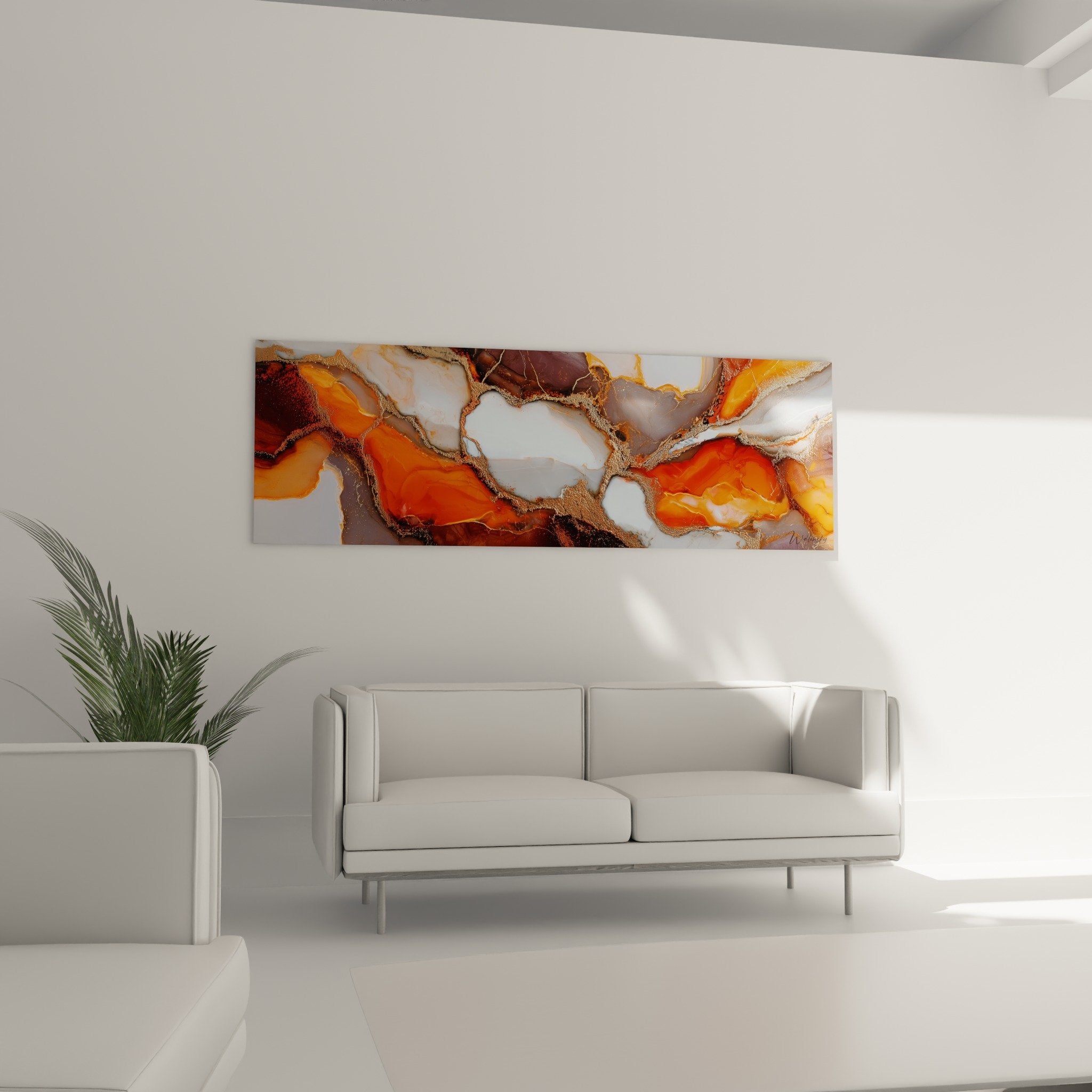 Close-up detail of golden veins and fluid orange tones in the abstract marble wall art