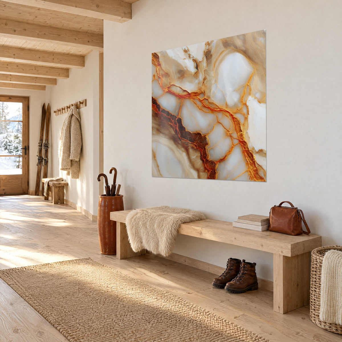 Wall art in onyx with orange cracks and cream white tones, hung beside a wooden bench and boots in the entrance of a chalet